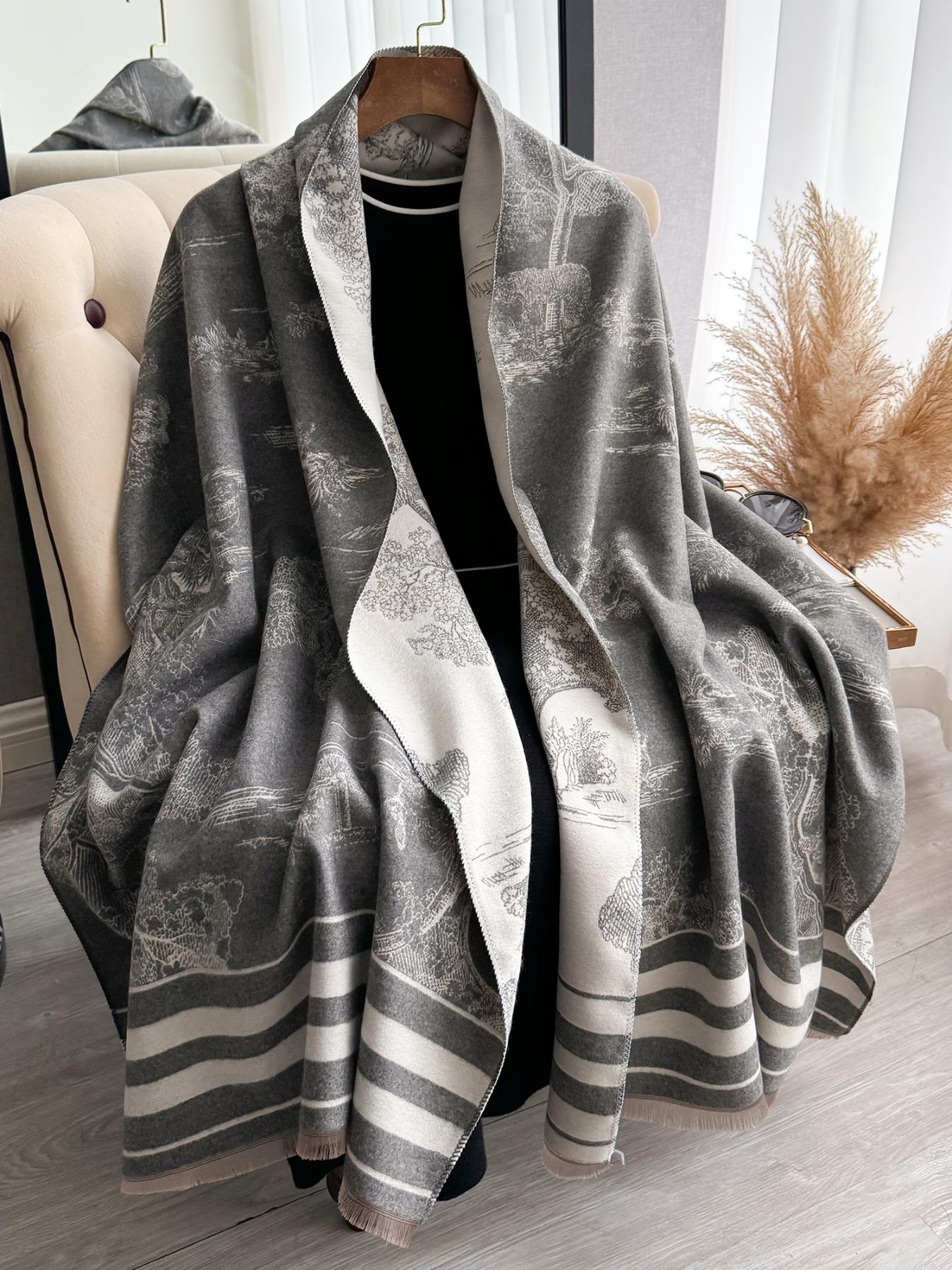 Women's Floral Pattern Raw Trim Shawl, Girlfriend Gifts, Imitation Cashmere Long Scarf, Casual Soft Warm Thick Double Sided Scarf for Fall & Winter, Fashion Accessories for Daily Wear