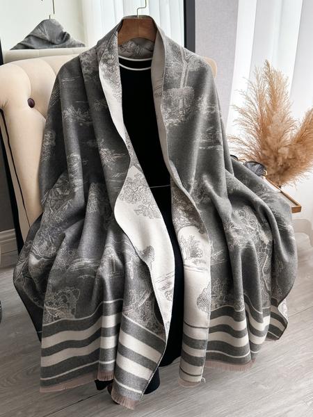 Women's Floral-Pattern Fringe-Trim Shawl, Imitation Cashmere Warm Scarf, Soft Thick Double-Sided Scarf for Fall and Winter, Fashion Accessory for Daily Wear, Great Gift for Girlfriend