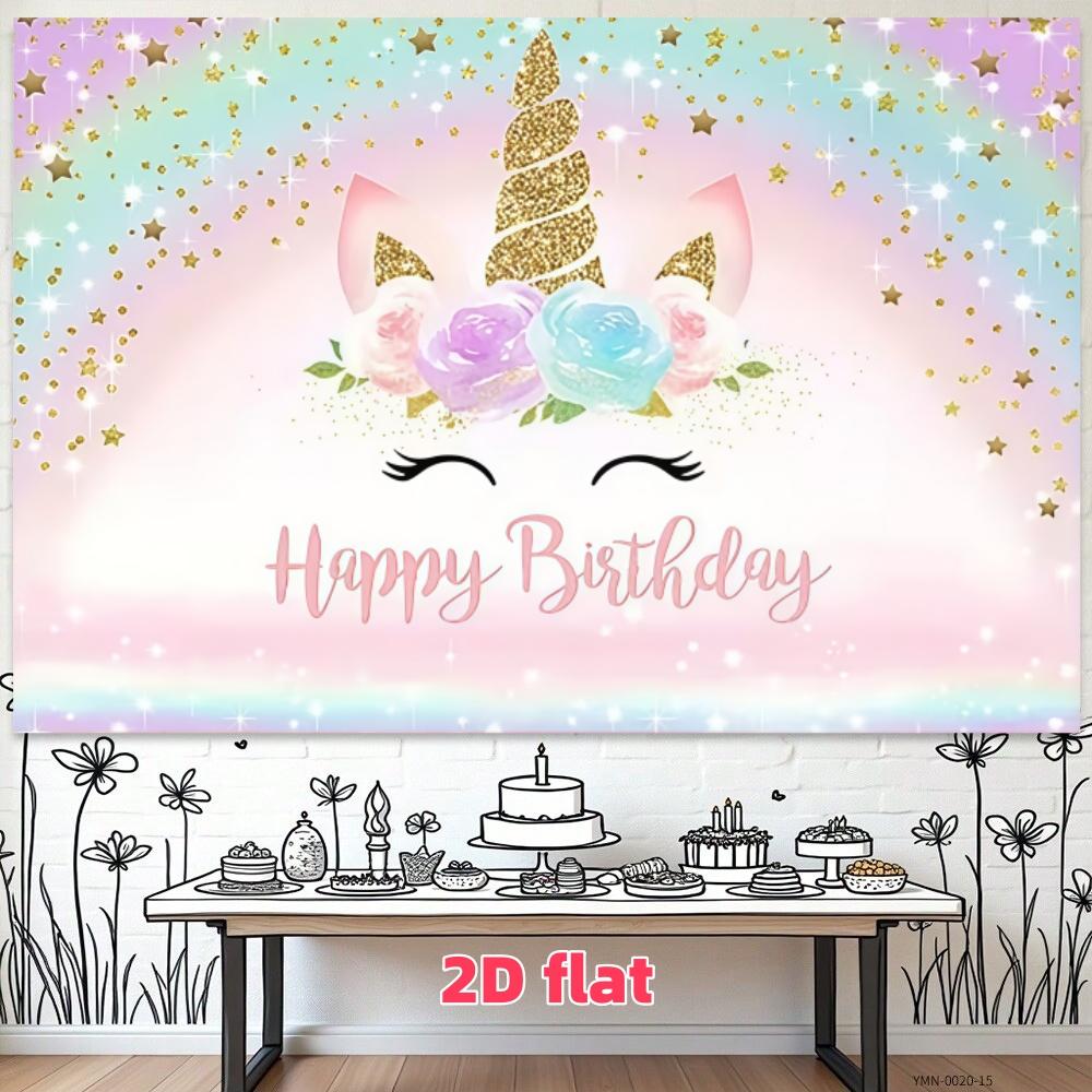 Flash gold unicorn birthday party background banner with rainbow stars, pink theme, polyester material, suitable for photo booths, parties, birthdays, celebrations, indoor and outdoor home birthday party decoration, home decoration, room decoration