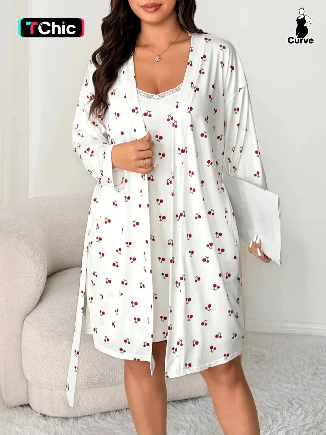 Plus Size Cherry Ditsy Floral Lace Halter Dress + Long Sleeve Sleepwear Loungewear Set, Sweet Casual Aesthetic Home Wear, Fitted Summer