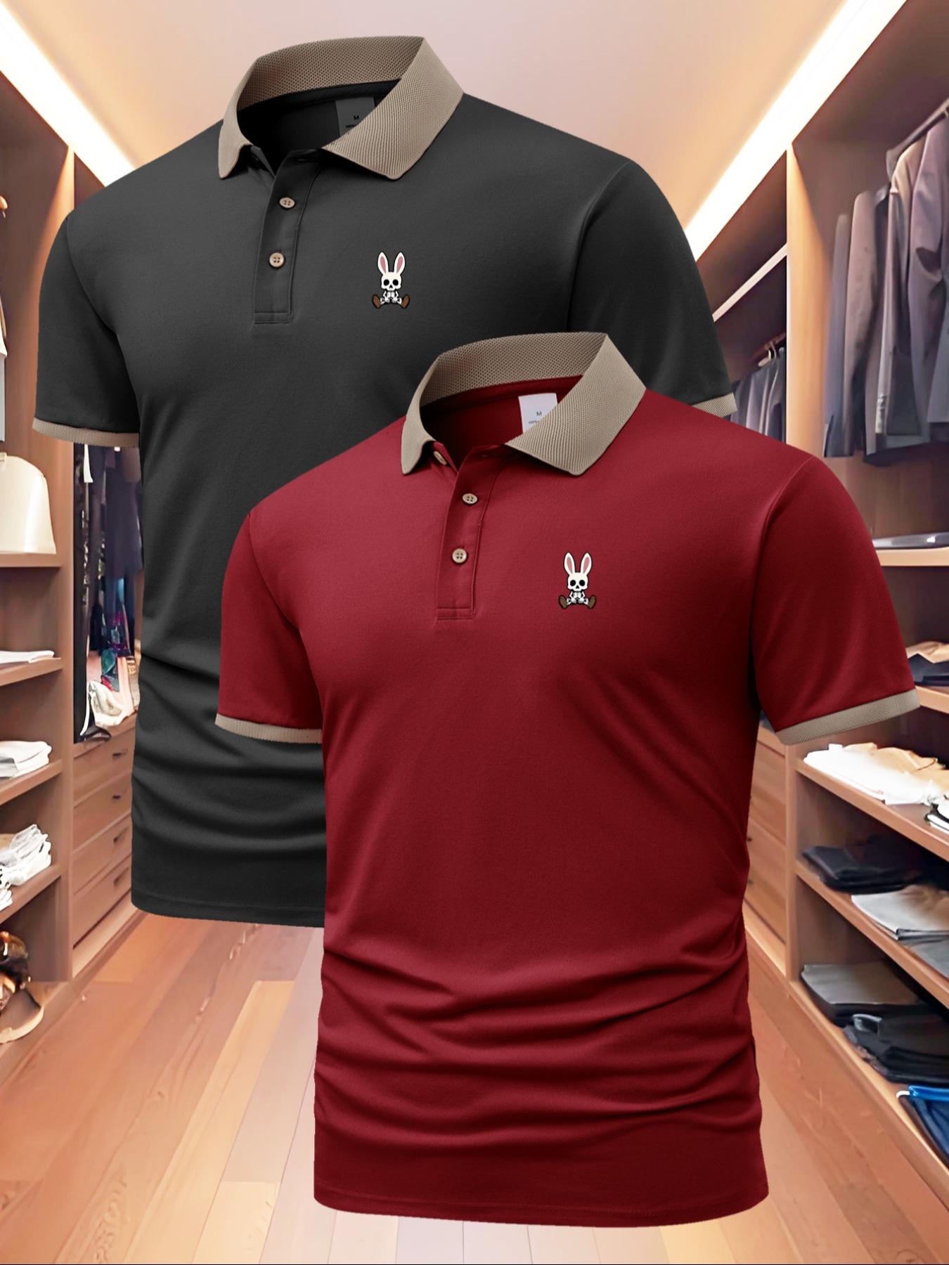 Men's Regular Fit Rabbit Print Polo Shirt, Casual Short Sleeve Collared Top for Summer, Fashion Men's Clothes for Daily Wear, Tropical