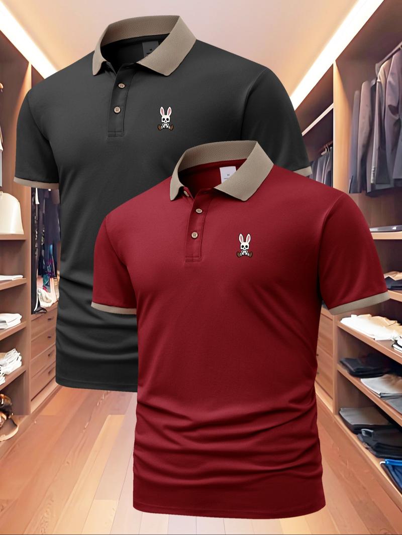 Men's Regular Fit Rabbit Print Polo Shirt, Casual Short Sleeve Collared Top for Summer, Fashion Men's Clothes for Daily Wear, Tropical