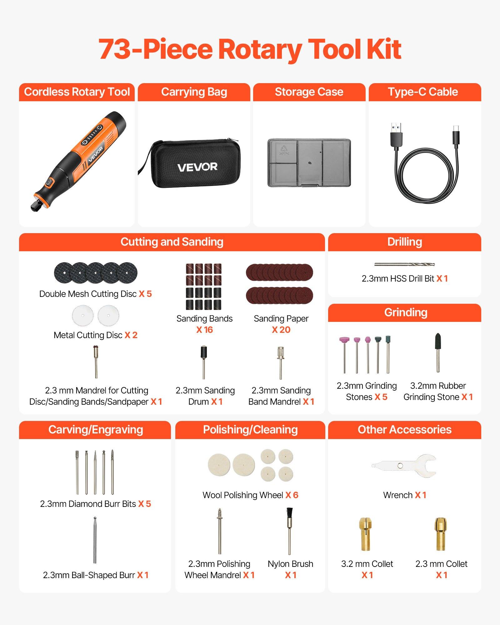 VEVOR 73-Piece 4V Cordless Adjustable Speed Rotary Kit, 6.38x1.38x1.57 in Portable Mini Power Tool with 5-Level 7000-20000 RPM, Fast Charging for Pet Furniture Engraving, Sanding, Cutting, Ergonomic