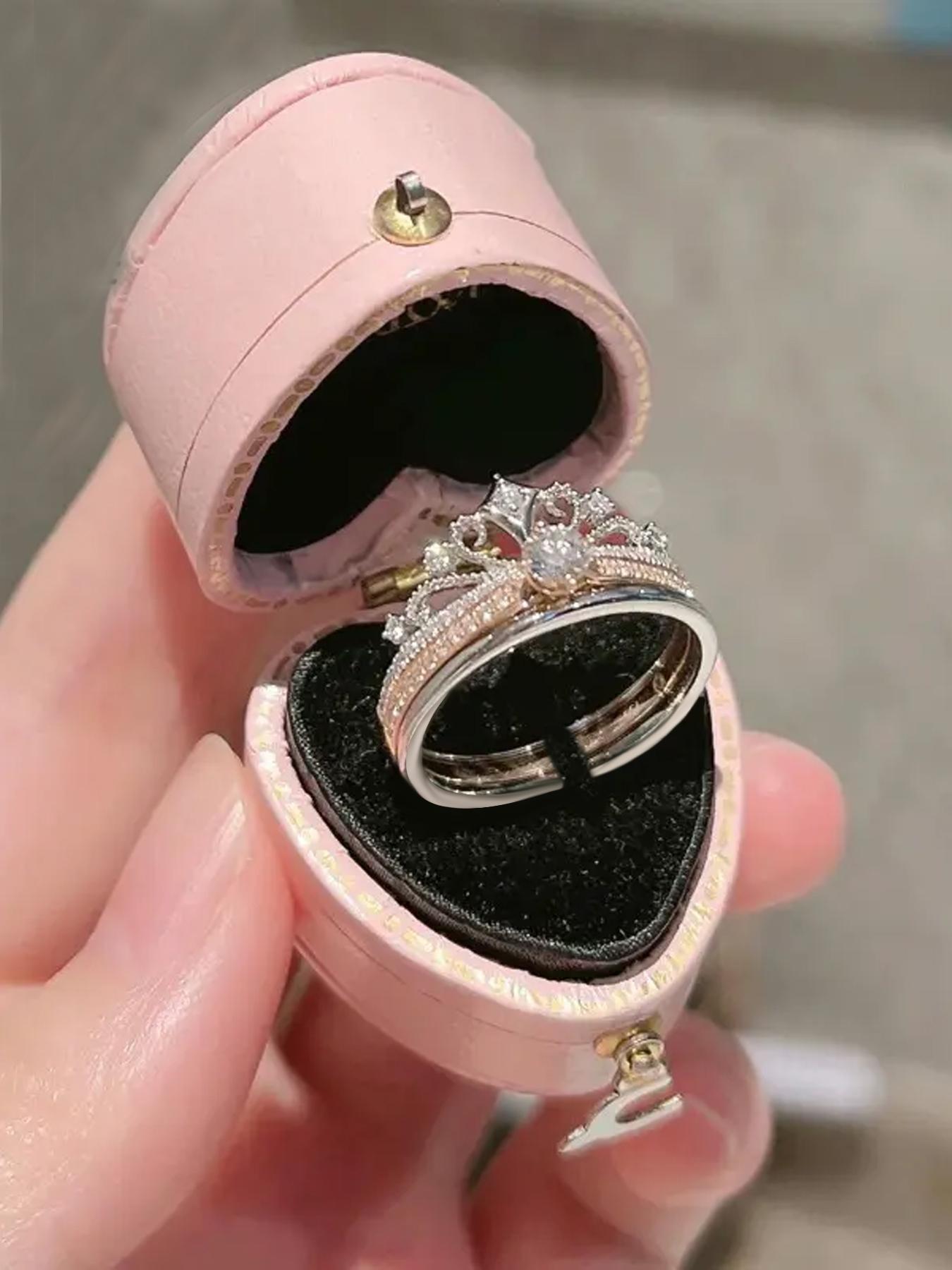 Fireworks Castle Ring Princess Sparkling Crown Ring Stackable Double-Layer Two-in-One Adjustable Rose Gold Versatile, Engagement/Wedding Ring, Exquisite Jewelry Gift, for Wife, Girlfriend, Family, Delicate Christmas, Valentine's Day, Anniversary Gift