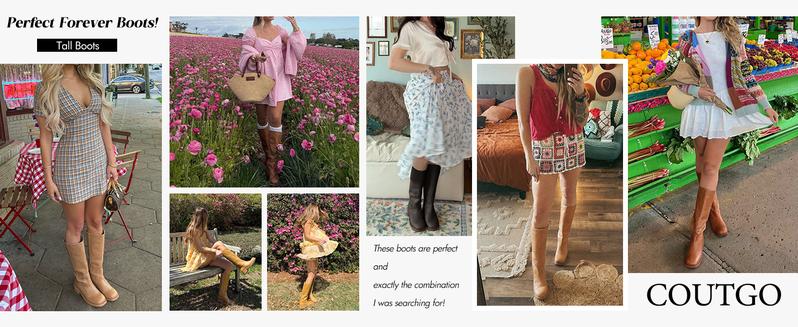 Coutgo Women's Knee High Boots Square Toe Chunky Block Heel Tall Boots Comfortable Low Heel Shoes