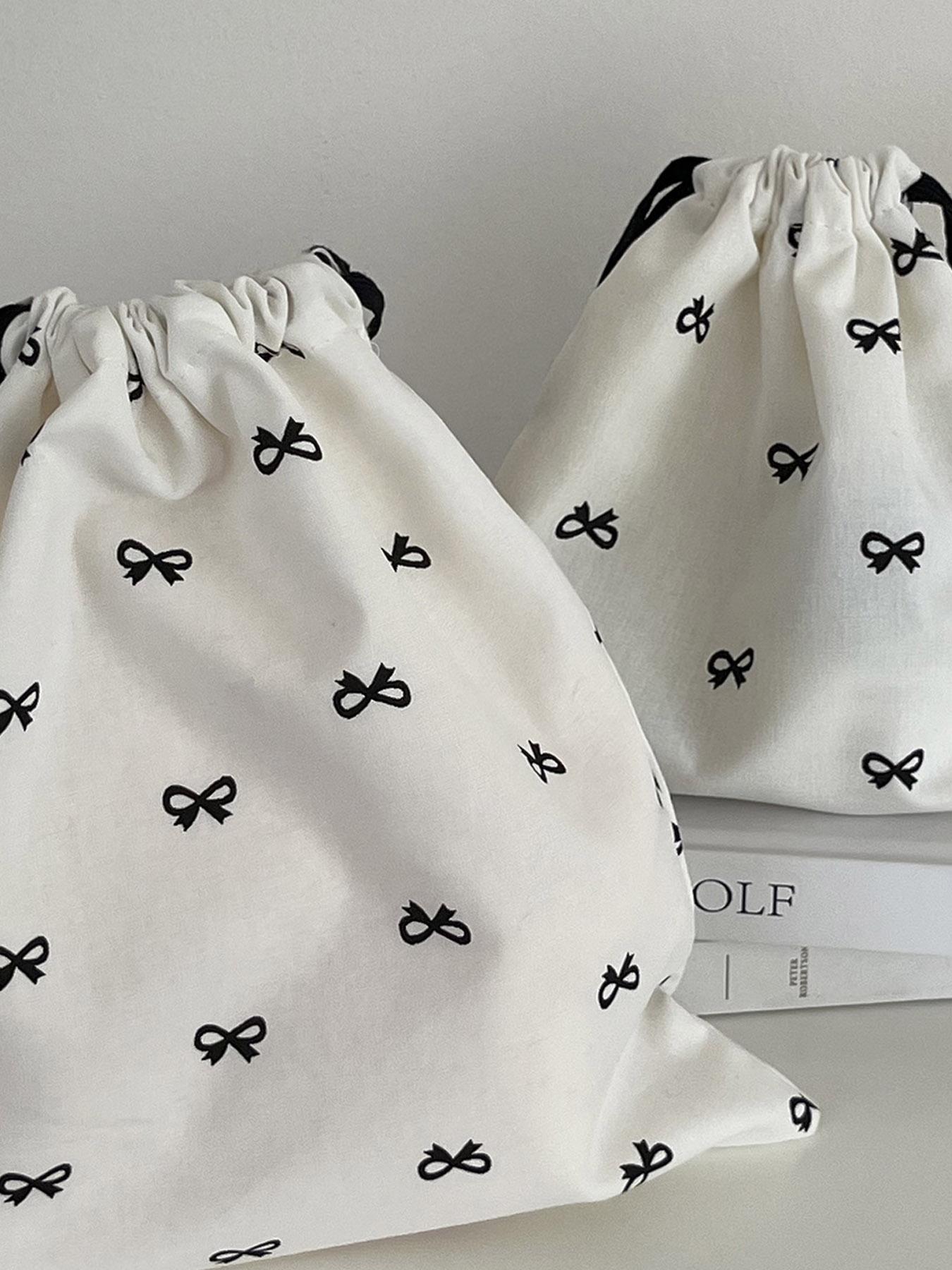 Sweet Bow Print Storage Bag Drawstring Backpack Cute Student Portable Travel Digital Organizer Hanging Bag New Year Valentine's Gift