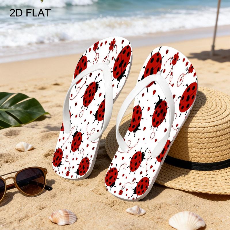 Women's Flip - Flops, Cute Ladybug & Heart Pattern, Multiple Colors & Sizes Available, Comfortable Casual Sandals for Daily Wear, Stylish Summer Footwear with Playful Design, Women Shoes