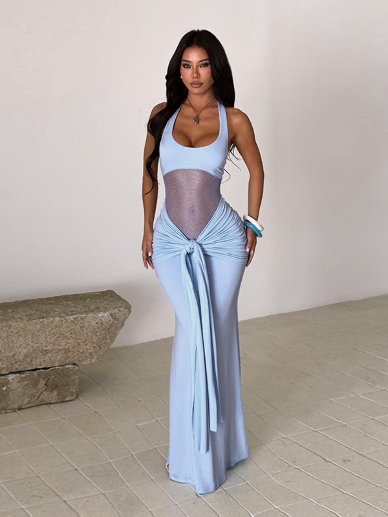Women's Halter Neck Tie Dress, Elegant Evening Gown, Evening Party Dresses, Formal Wear, Perfect for Parties & Special Occasions, Stylish & Comfortable Design
