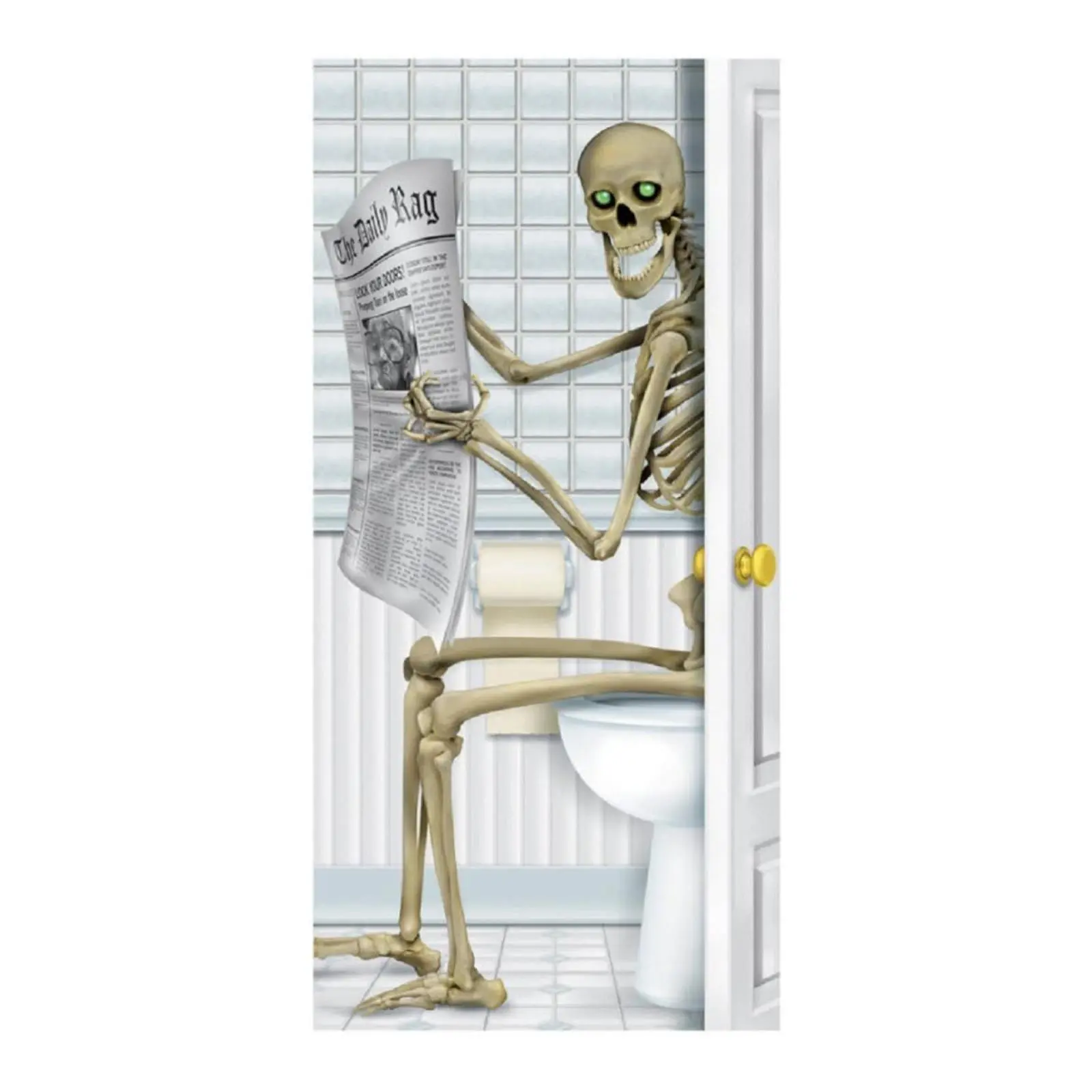 Halloween Door Cover, Skeleton Bathroom Door Decoration, Funny Skeleton Restroom Decor for Front Door, Haunted House Halloween Party Decor, 35.4 x 70.9 Inch