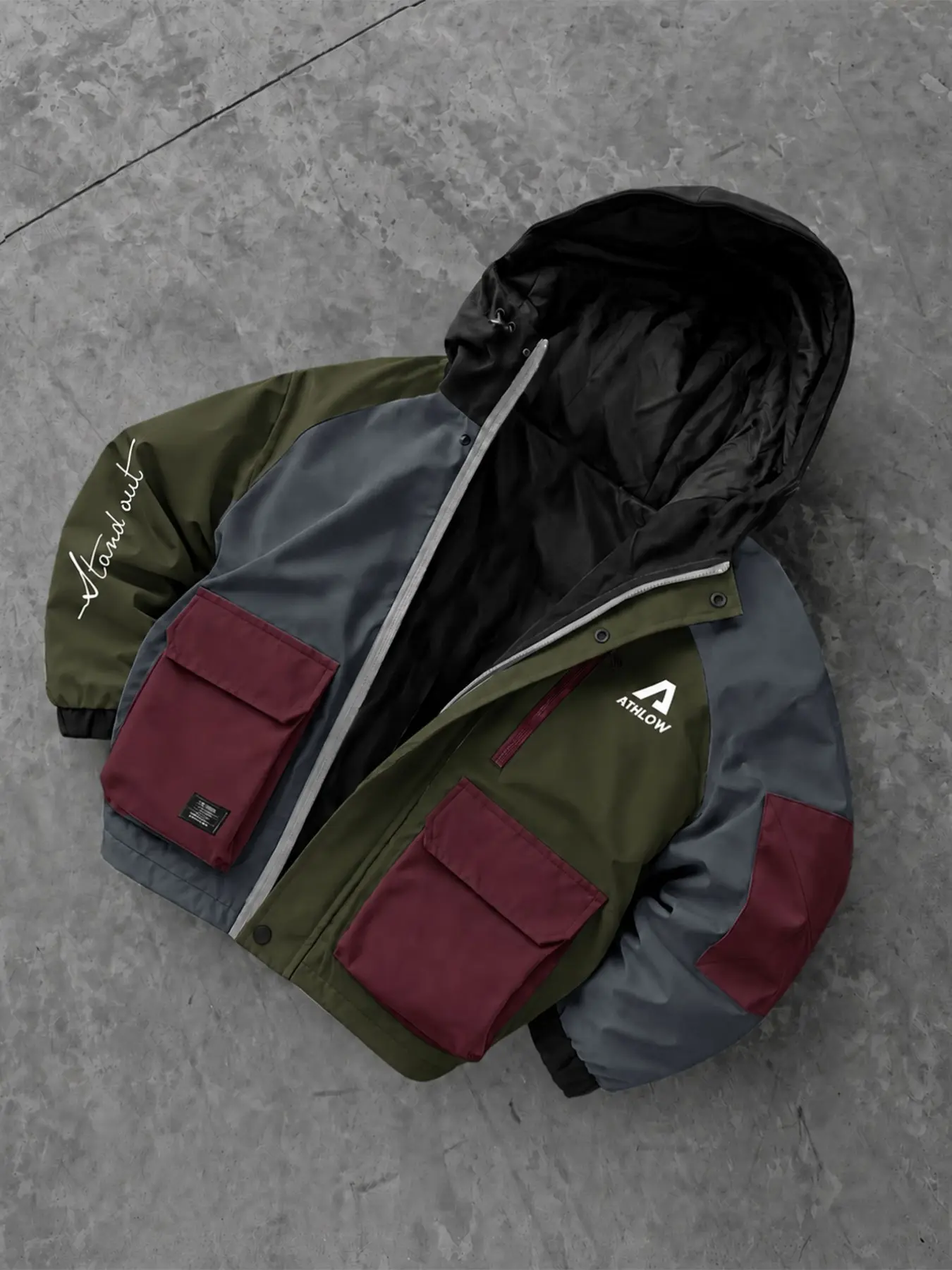 Men's Outdoor Workwear Jacket, Windproof Colorblock Hoodie, Letter Print, Zipper Decoration, Casual Loose Fit, Polyester, All Seasons