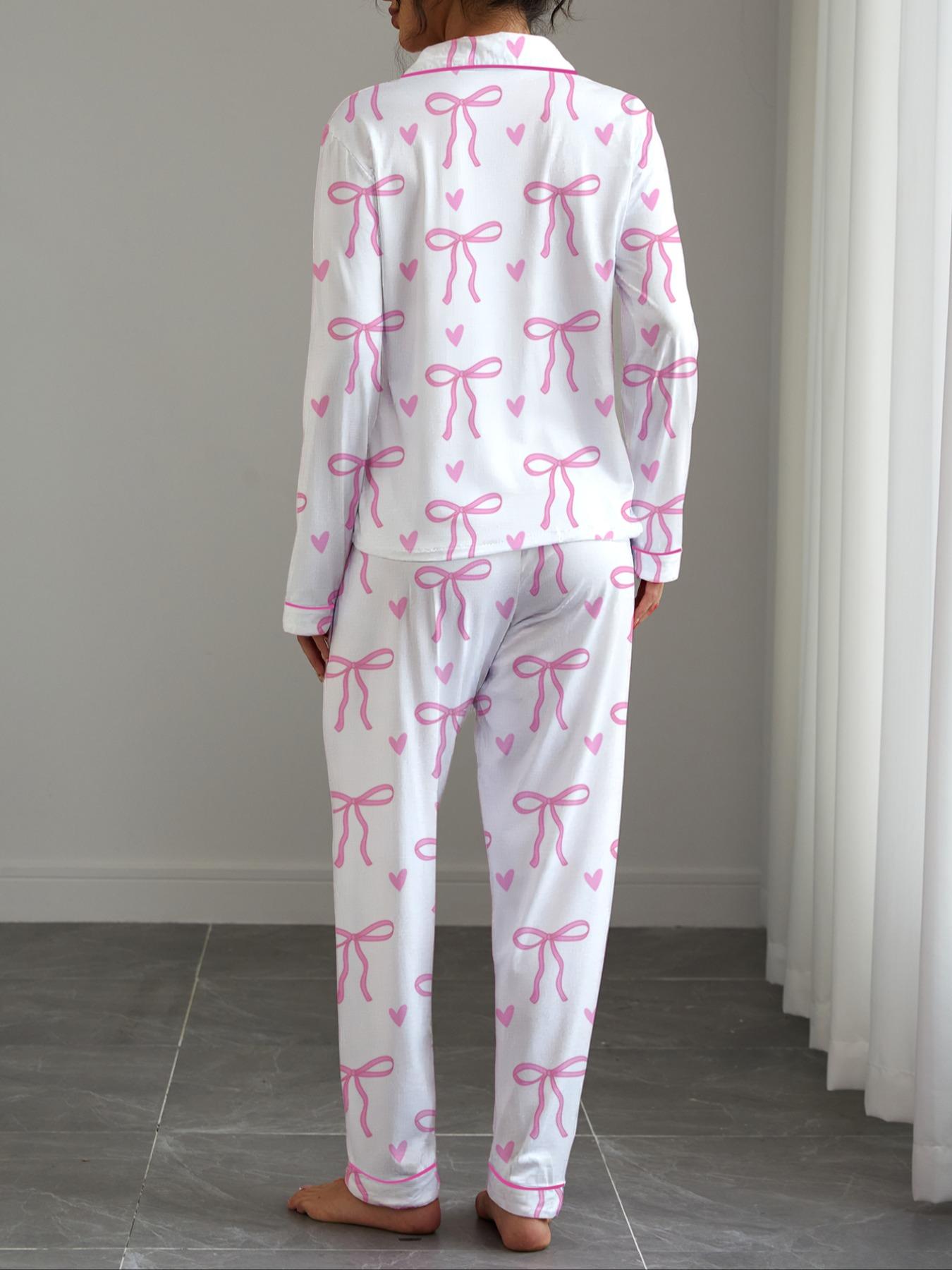 Women's Cute Bow Print Pajama Set,Valentine's Day Gift ，Fall & Winter Casual Homewear, Soft Elastic Fabric, Long Sleeve Shirt Collar Top & Pants