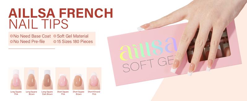 Aillsa Square/Stiletto/Almond French Tip Nails Set - 180pcs Light brown Soft Gel Nail Tips in 15 sizes, Mini UV Lamp, Base coat and Top coat, Easy to Wear Soak Off Acrylic Fake Nails Extensions DIY Nail Art at home Birthday Gift For Women dealsforyoudays