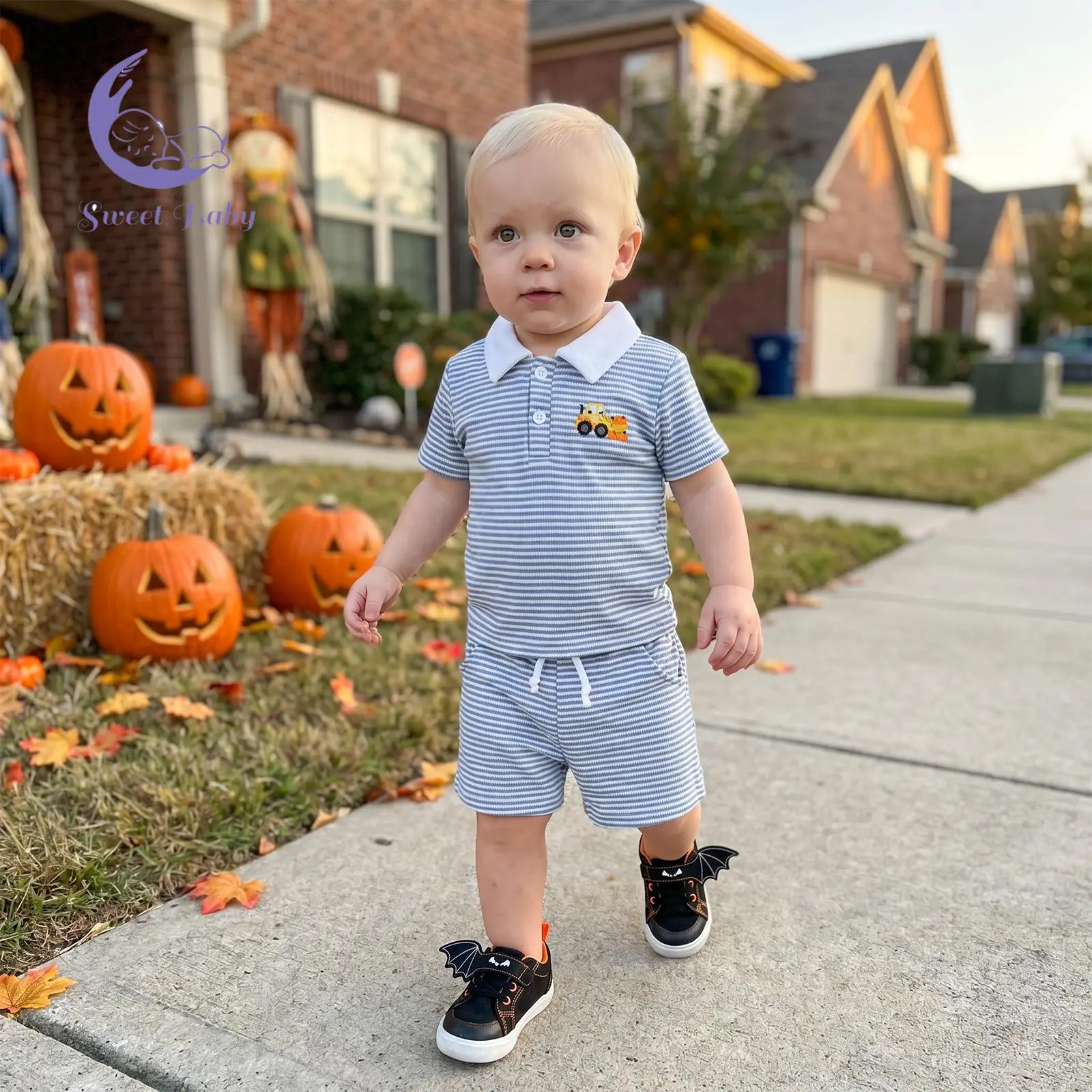 Baby Boy Halloween Outfits Short Sleeve Tractor Embroidery T-Shirt + Shorts