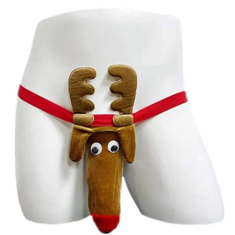Men’s Christmas Reindeer Print Thong Underwear - Menswear, Funny Deer Graphic T-Back G-String, 19cm Bulge Support Pouch, 76-100cm Fit, Hand Wash, As-Picture Novelty Holiday Gift for Holiday Parties (Sports & Outdoor Swimwear Briefs)