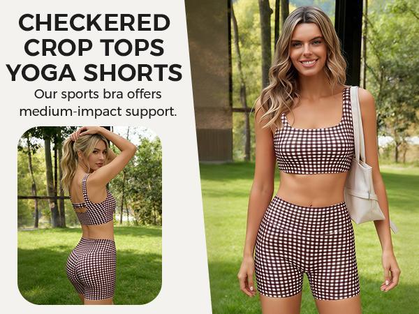 Aoysky Women's 2-Piece Sporty Chic Gingham Gym Set - Padded Open Back Crop Tank Top & High Waist Seamless Sports Shorts, Stretchy Athleisure Suit for Yoga (S-XXL) - Summer, Beach Vacation Outfits, Women's Bathing Suit Set, Workout Equipment