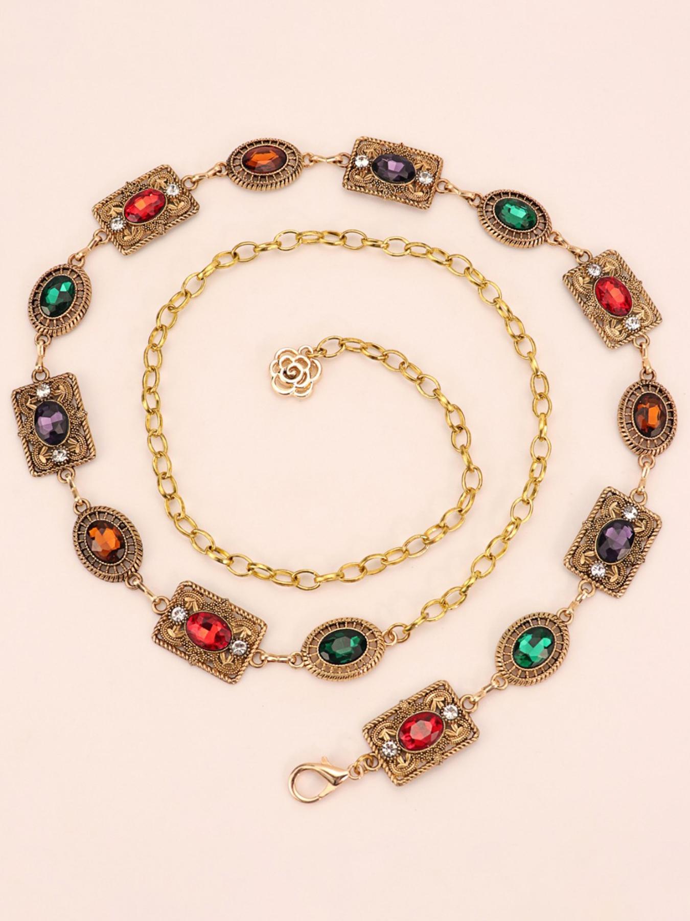 Vintage Metal Floral Waist Chain for Women, Rhinestone Decorated Belt Chain, Fashion Accessory for Dresses, Versatile Waist Chain