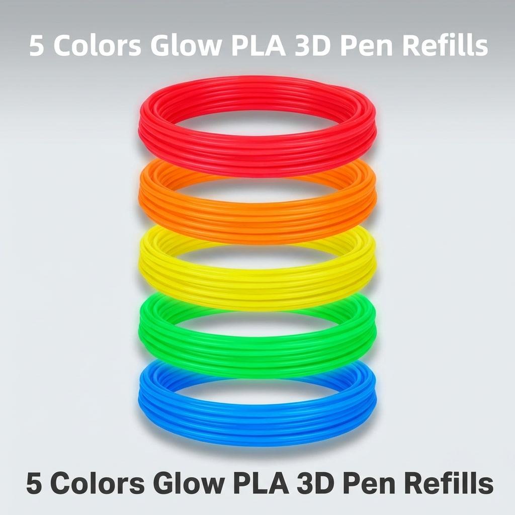 Multi-Color Glow-In-The-Dark 3D Pen Filament, 1.75mm, 5 Rolls, 25m Total, Ideal for School Crafts and DIY, Compatible with Most 3D Printers
