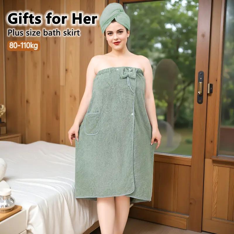 Plus Size Solid Color Bathrobe, 2/4 Counts Soft Water Absorbent Bath Skirt & Hair Drying Cap, Bathroom Supplies for Home Hotel Salon