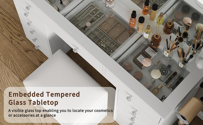 FUSOU 47''W 13 Drawers Vanity Desk, Makeup Vanity with Power Outlet, Vanity Table with Mirror and 12 LED Bulbs, 3 Color Lighting Modes, Glass Top, Dressing Table for Bedroom