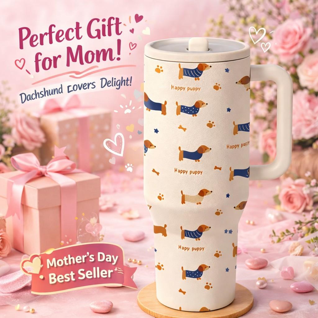 1 Pc thermal mug, 40oz insulated mug, vacuum cup double wall, keeps hot 12h cold 24h, leak proof travel mug with handle, cute dachshund design, perfect mother’s day gift, gift for mom women, daily coffee tea hot cold drinks, home office use