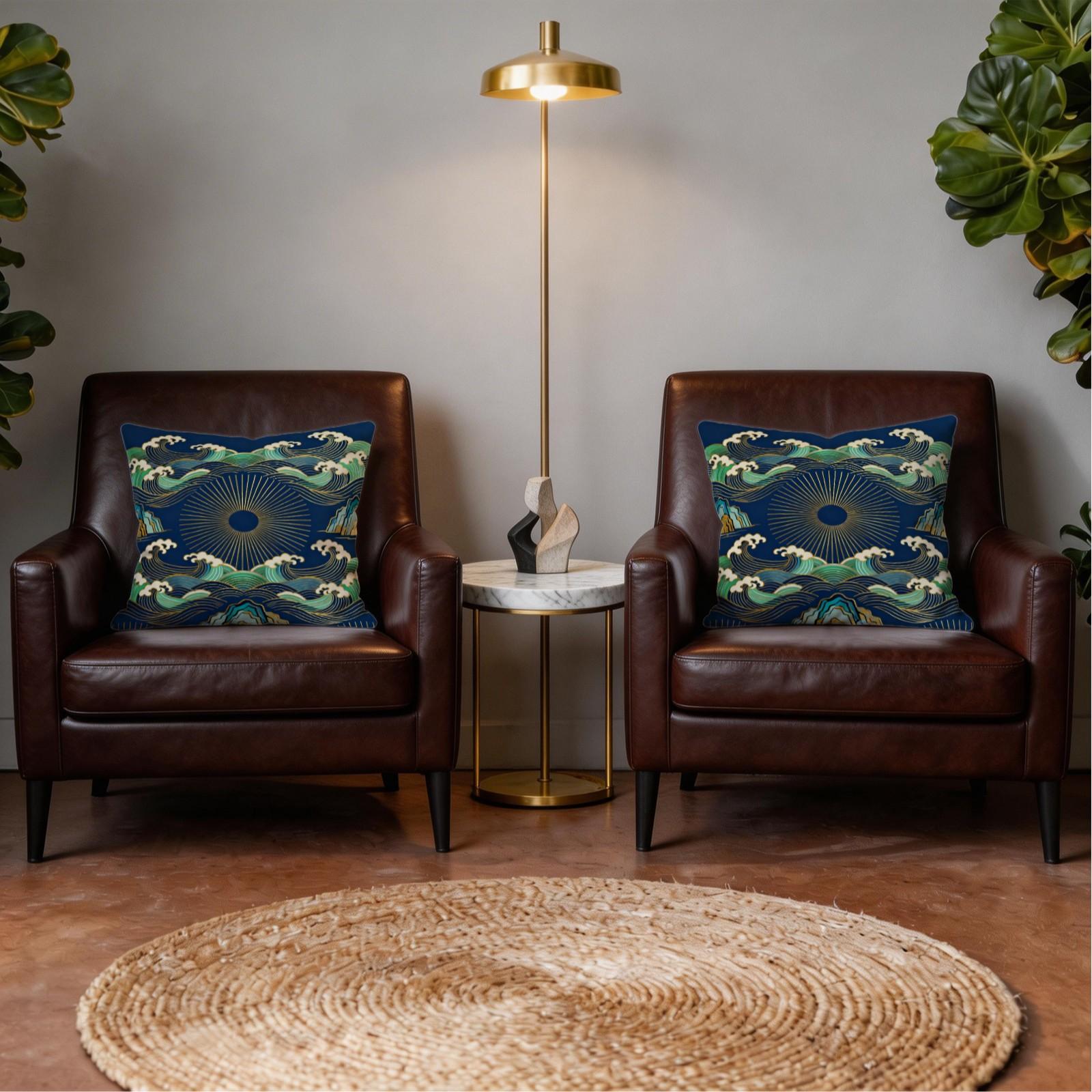 1 Piece Japanese Wave Sun Throw Pillow, Navy Blue Gold Foil Great Wave HD Digital Print Accent Pillow, Soft Plush Cushion with Hidden Zipper, Non-Fade Decor Pillow for Sofa Couch Bed, 18x18 Inch