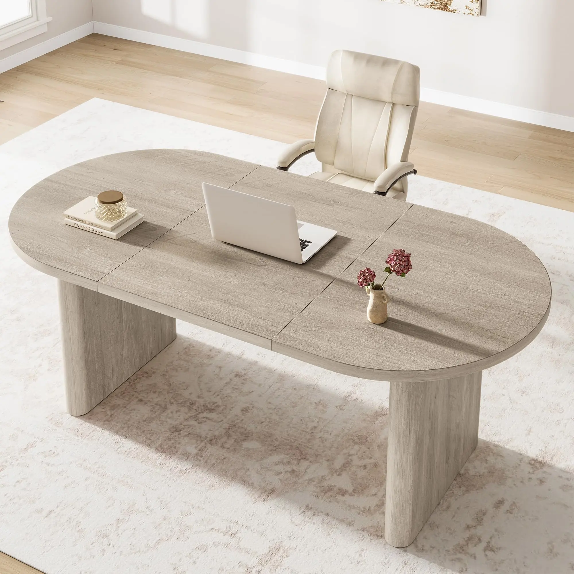 70.87" Oval Dining Table with Thick Wooden Base for 6-8 People