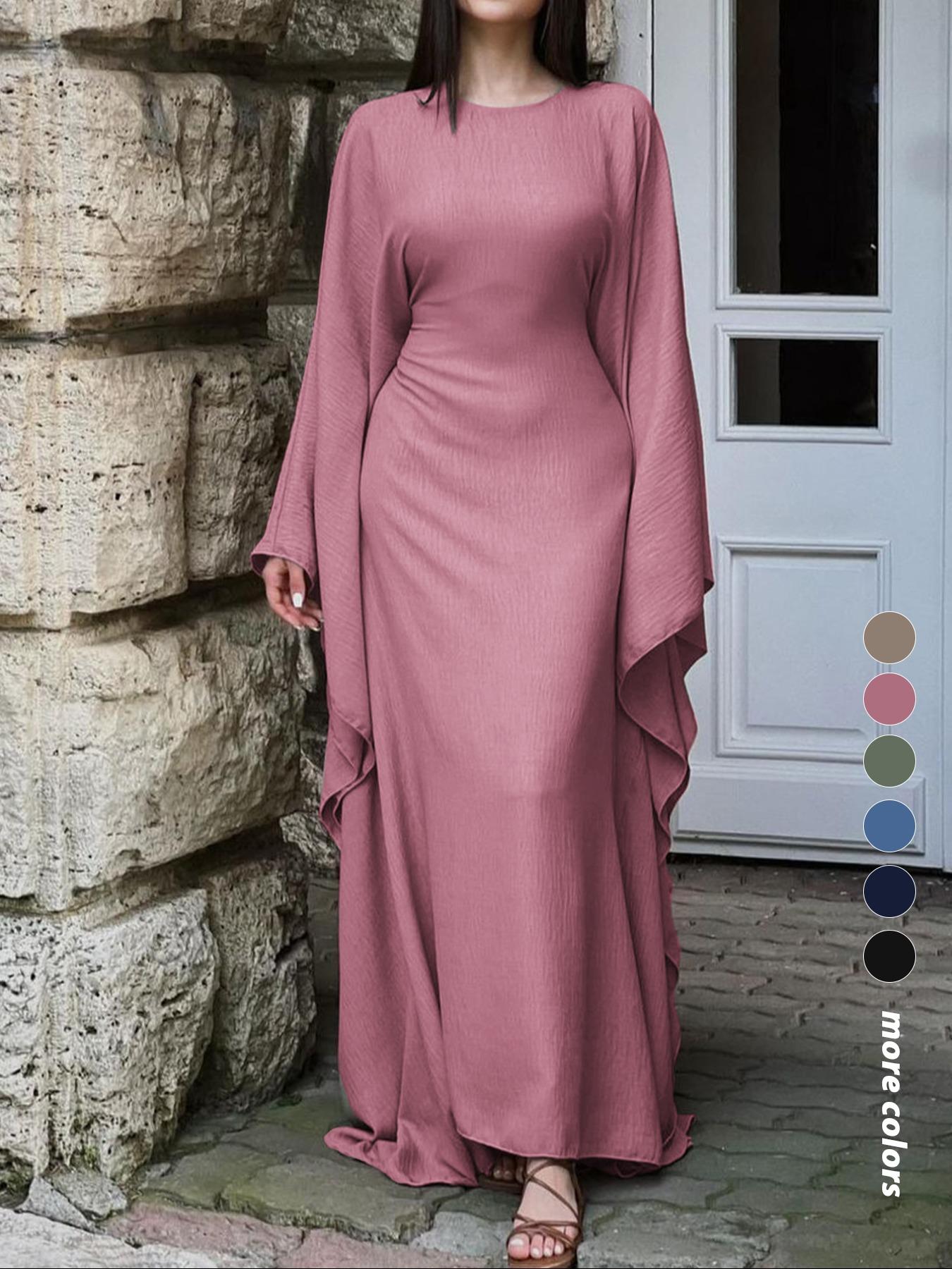 Women's Solid Color Loose-Fitting Batwing-Sleeve Long Dress, Casual Everyday Wear, Womenswear, Minimalist Chic Summer Woven Fabric Dress, Perfect for Relaxed Outings