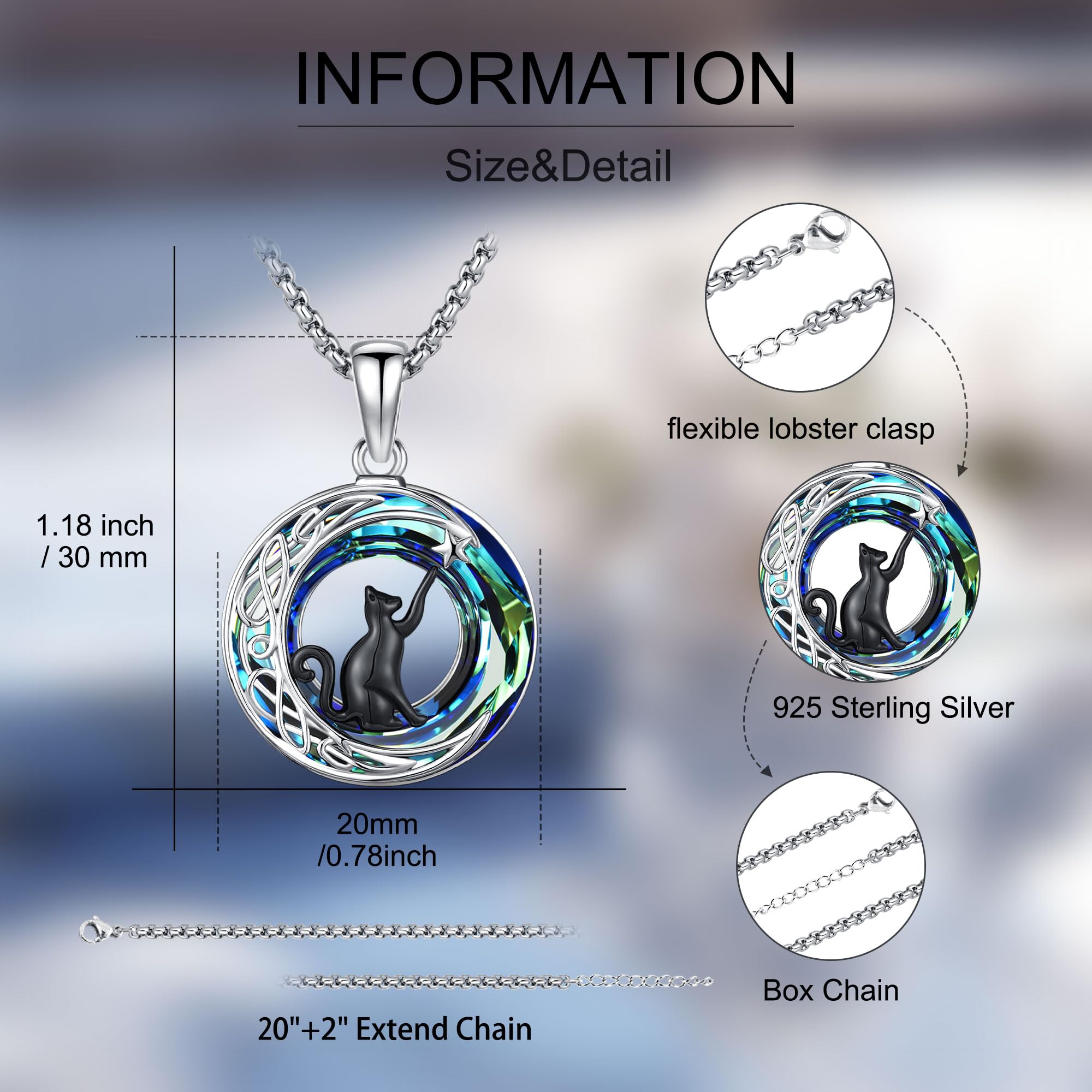 DRINSPER Cat Necklace 925 Sterling Silver Pendant & Crystal Round Fashion Jewelry for Cat Lovers