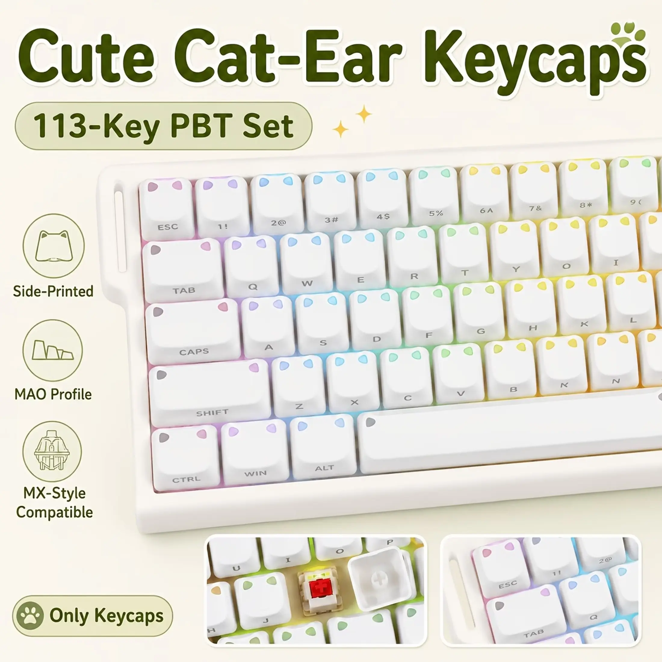 Cute Cat Custom Keycaps, 113 Keys MAO Profile PBT Dye-Sublimation Keycap Set, Side Printed Translucent Backlit, White & Gradient Color, Compatible with Cherry MX Switches, for 60% 75% Mechanical Keyboards