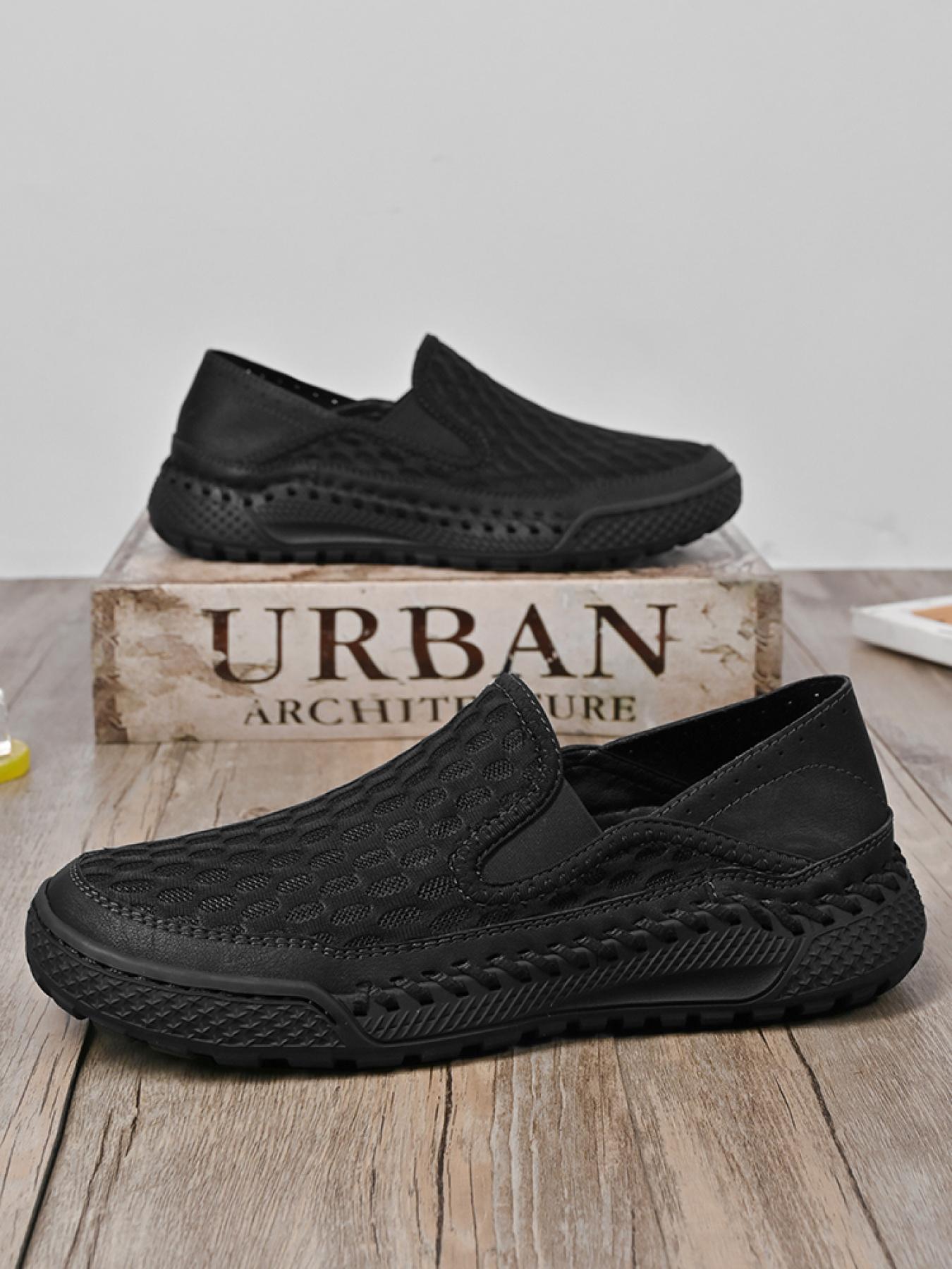 Men's Solid Color Mesh Breathable Slip-On Loafers, Soft Sole Anti-Slip Hand-Stitched Walking Shoes, Lightweight Casual Dad Shoes
