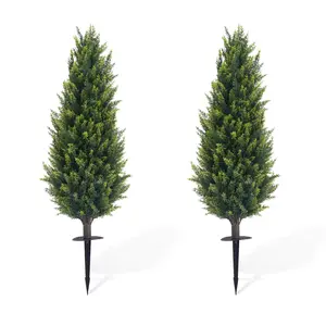 3.3 FT Artificial Cedar Trees Set of 2 with Ground Spike, Outdoor Fake Topiary Faux Pine Shrubs Plants, UV Resistant Artificial Cypress Greenery
