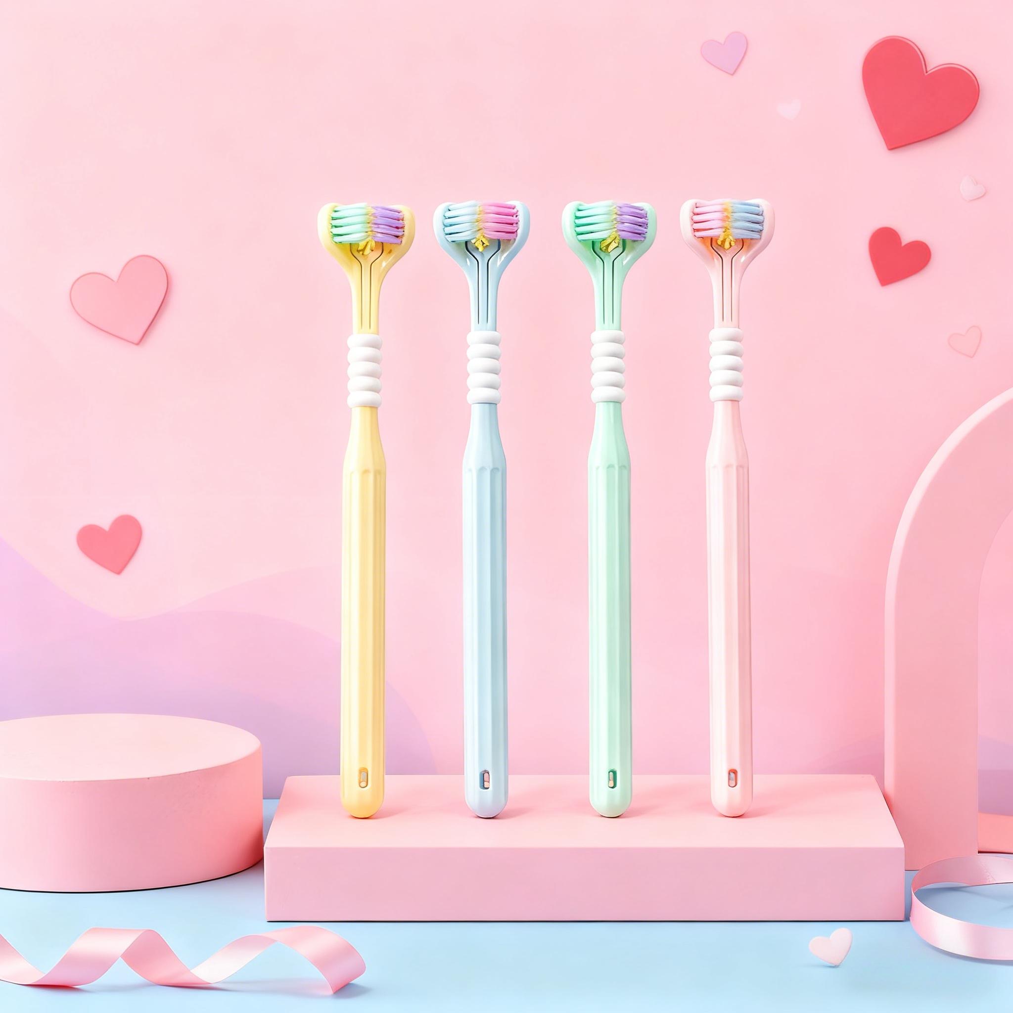 Couple's 3D Multi-Angle Toothbrush Set, Romantic Design, Deep Plaque Clean, Teeth Plaque Remover, Fresh Breath, Tongue Scraper, Gentle Bristles, Soft Toothbrush, Multiple Colors