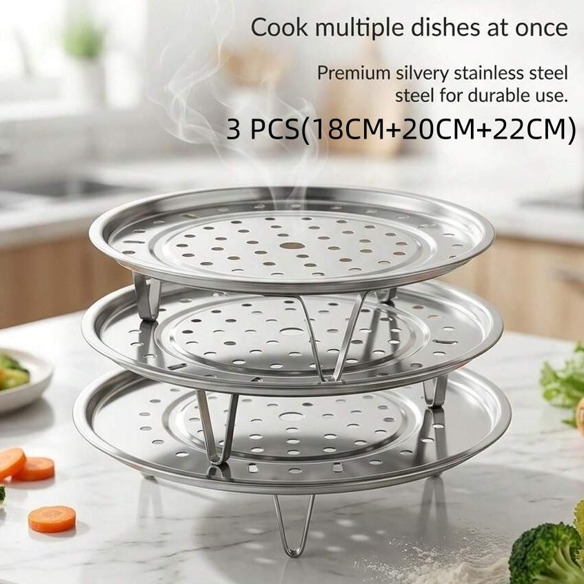 3pcs Multi-Size (18/20/22cm) Stainless Steel Steamer Racks, Universal Fit Perforated Trays with Elevated Legs,  for Steaming Vegetables, Dumplings & Seafood