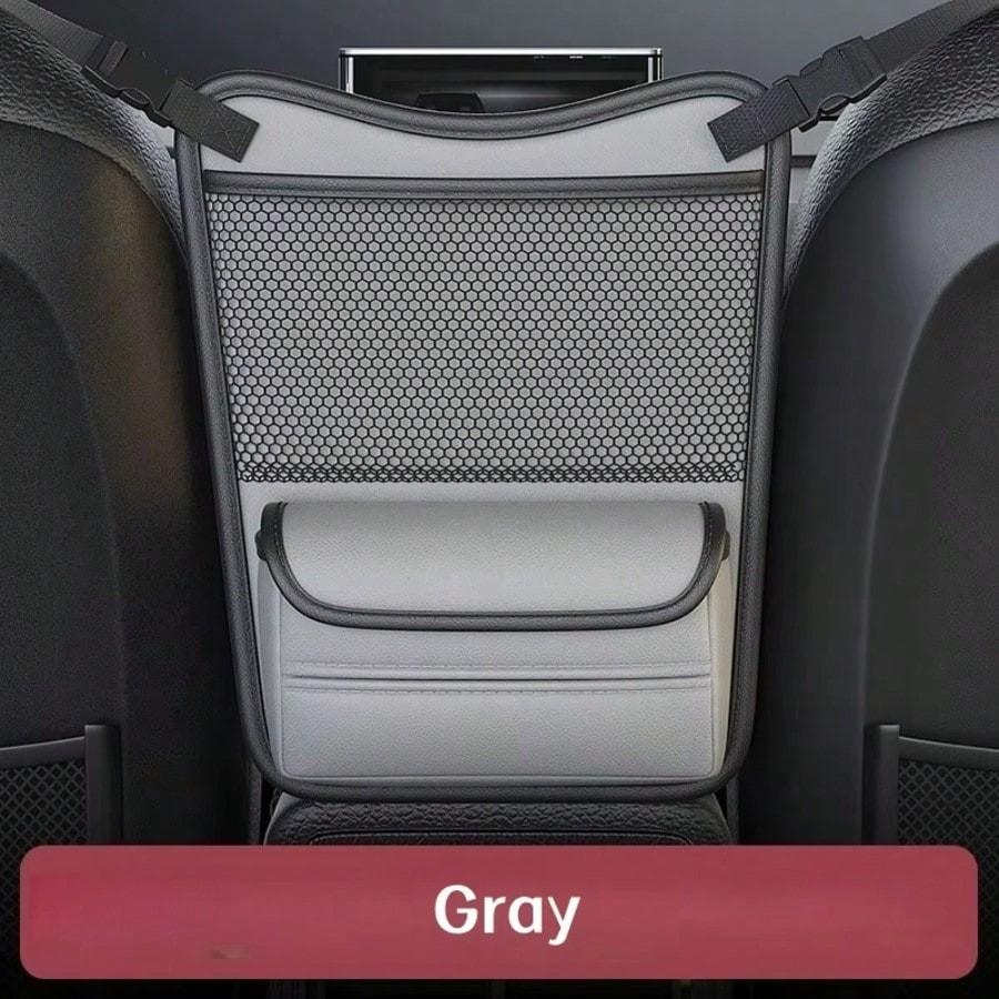 Car Organizer Storage Between Seats, PU Leather Front Seat Storage Bag with Tissue Holder, Automotive Console Hanging Net Pocket Handbag Holder for Phone Document