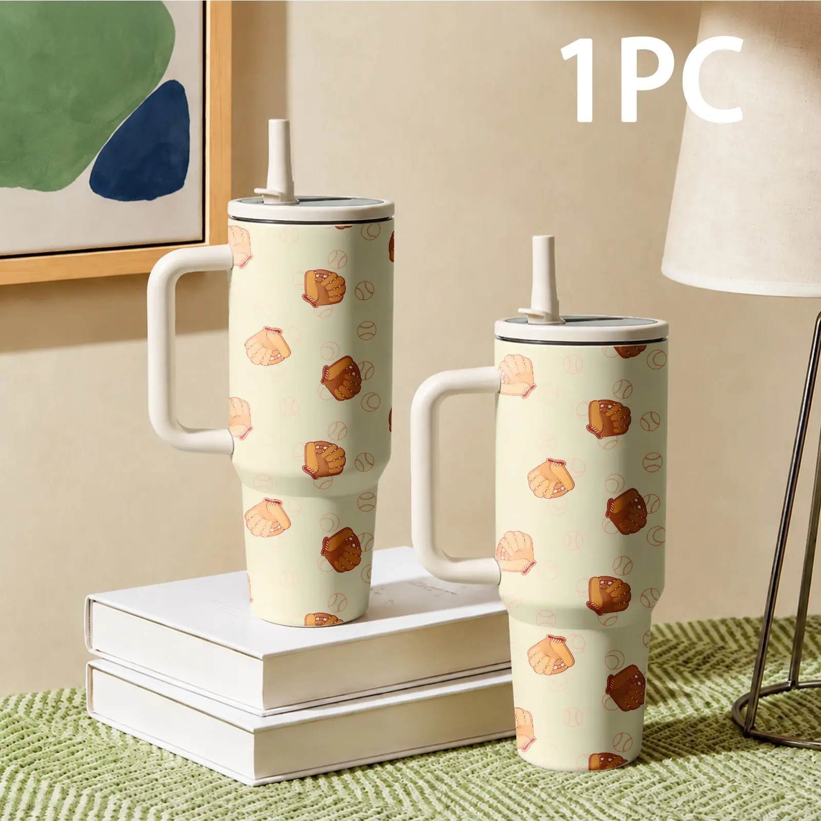 1PC 40oz Baseball Diary Tumbler with Handle & Straw, Vintage Baseball Print Insulated Cup, Large Capacity Leakproof Travel Mug, Cute Sport Water Bottle for Baseball Fans, Students, Gym, Outdoor & Everyday Use