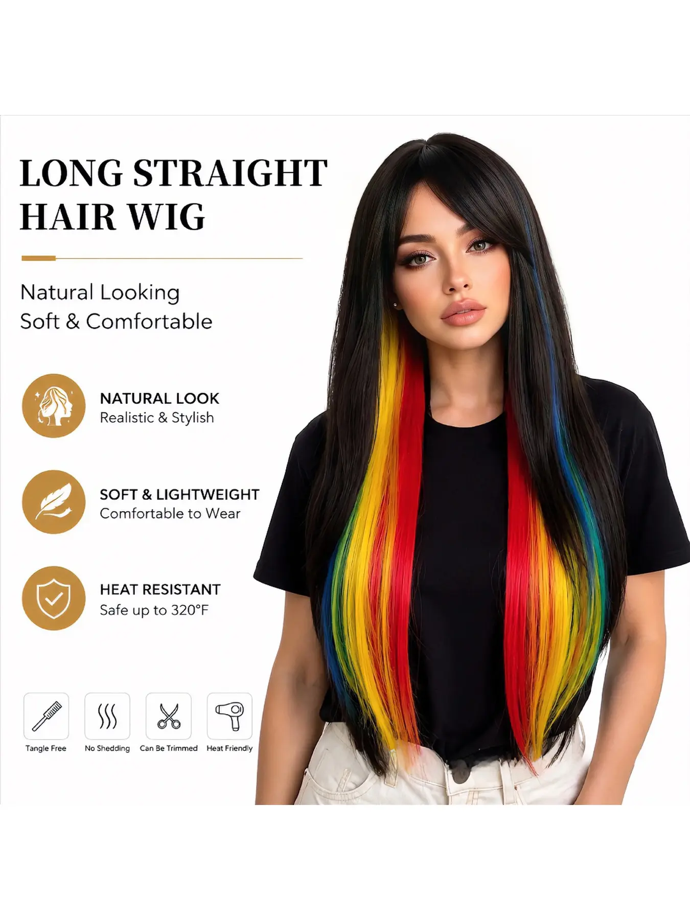 Women Stylable Long Straight Synthetic Wig Rainbow Gradient Highlight Full Wig Heat Resistant Costume Party Cosplay Full Head Wig