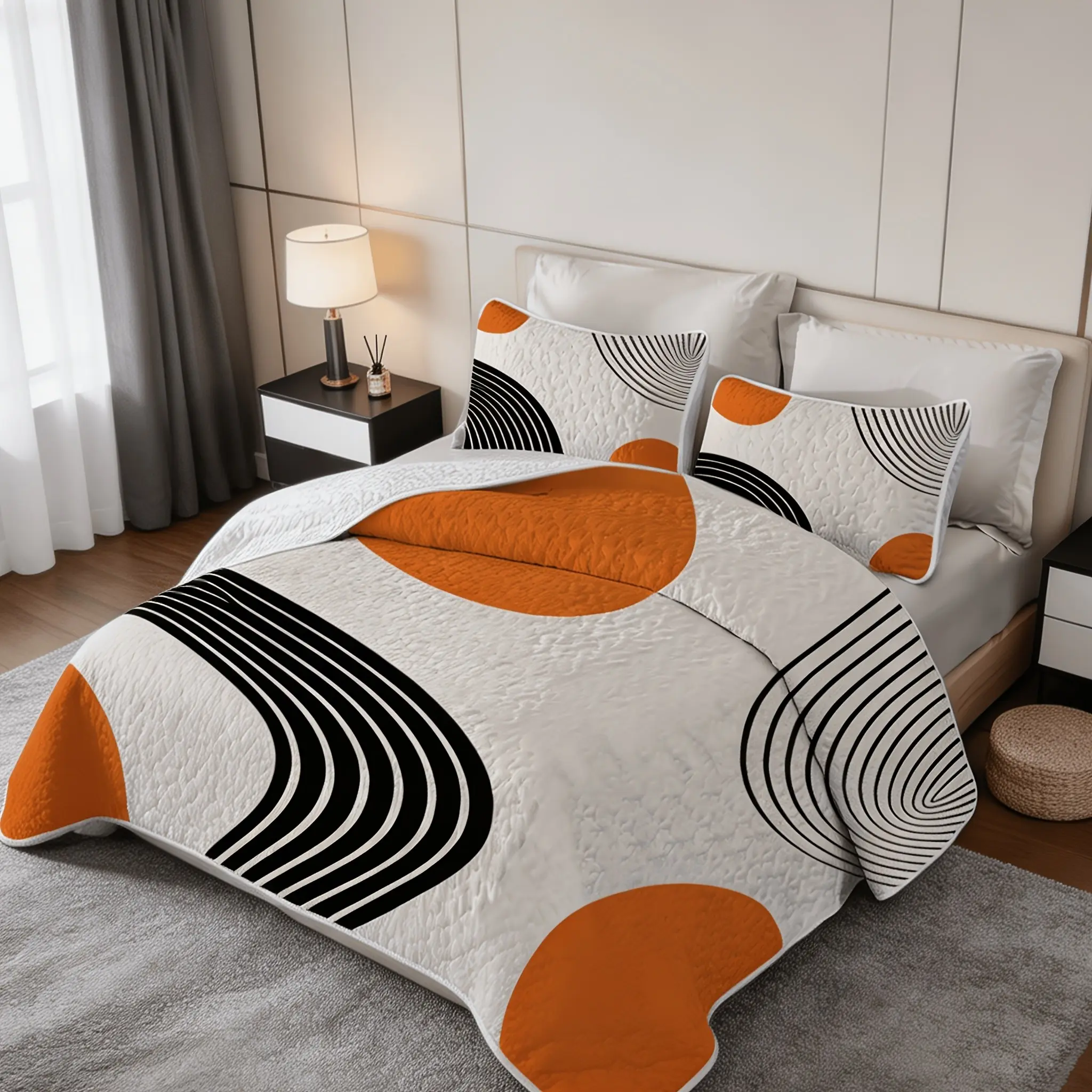 2/3pcs Lightweight Geometric Bedspread Set, Anti-Cat Scratch Soft Breathable Microfiber Coverlet, Minimalist Orange Black Quilted Bedding, 1 Bedspread + 1/2 Pillow Shams, Holiday Gifts for Family and Friends