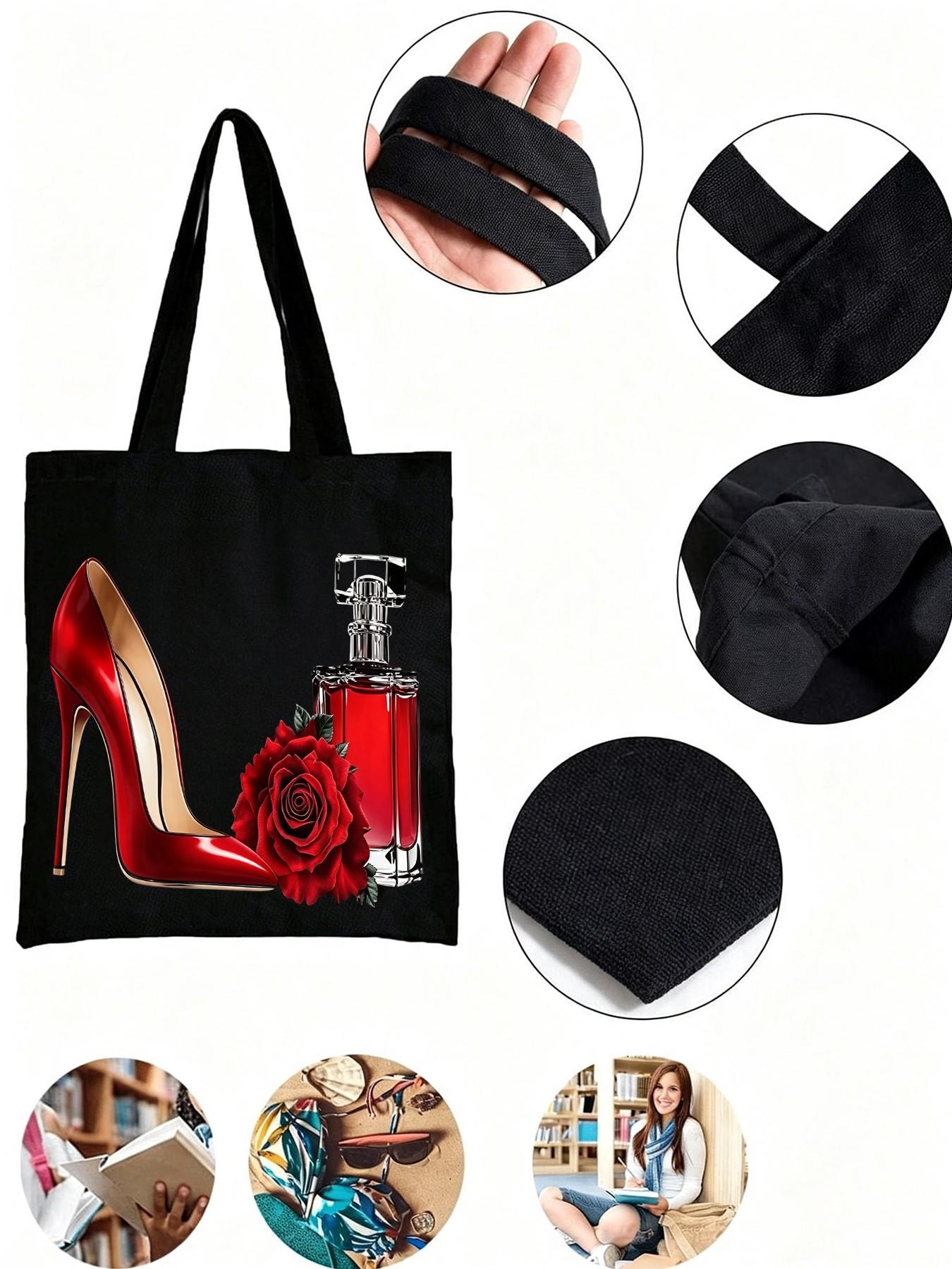 Fashion Aesthetic Canvas Tote Bag Set for Women, Heels Rose Perfume Print, Large Capacity Shoulder Bag & Cosmetic Pouch, Reusable Handbag