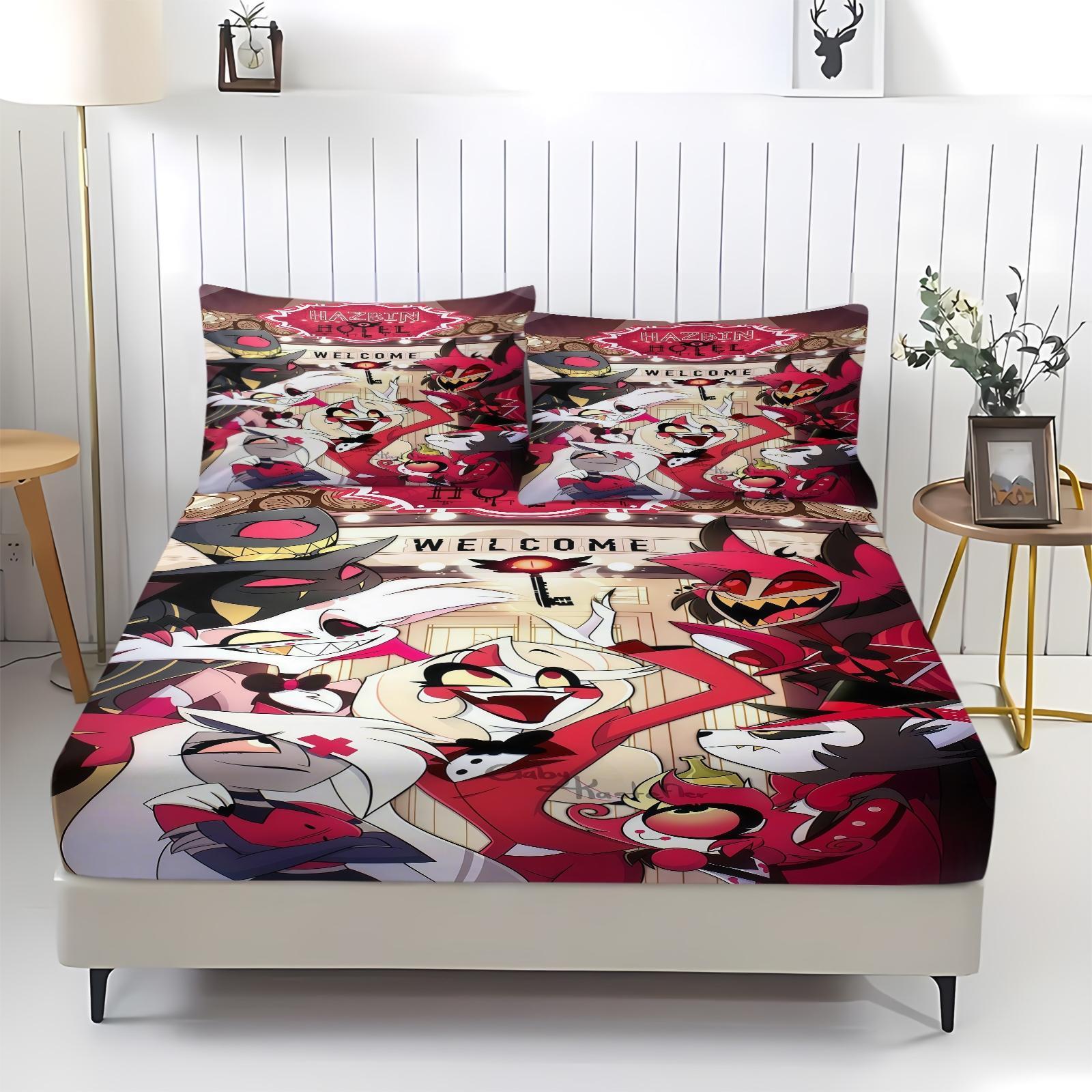 3 Piece Hazbin Hotel Pattern Fitted Sheet Set, Soft And Durable Bedding Set Bed Sheets Includes 1 Piece Flat Sheet And 2 Pieces Pillowcases, Daily Holiday Birthday Gift Bedroom Decorations For Kids And Adults, Bedsheet Sets