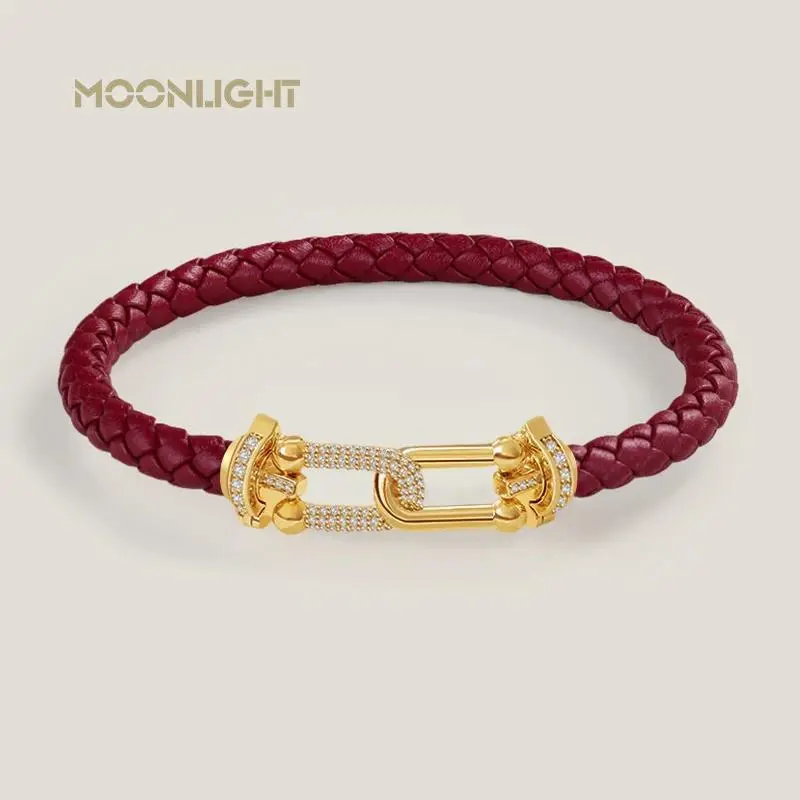 MOONLIGHT Classic Design U-Shape Zircon Bracelet for Women Genuine Braided Leather Charm Bracelet Female Jewelry Gifts 8 Colors