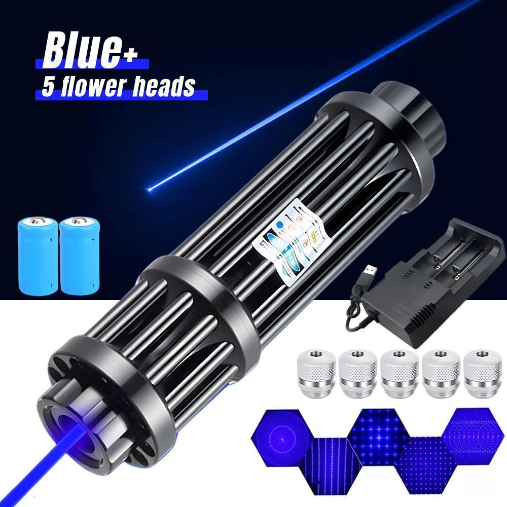 【Back To School Gift】Portable Rechargeable Blue Laser Pointer Pen, Unisex Metal Handheld Outdoor Light with 5 Pattern Heads, Battery Charger for Teachers, Tools and Gadgets Cool Gadgets