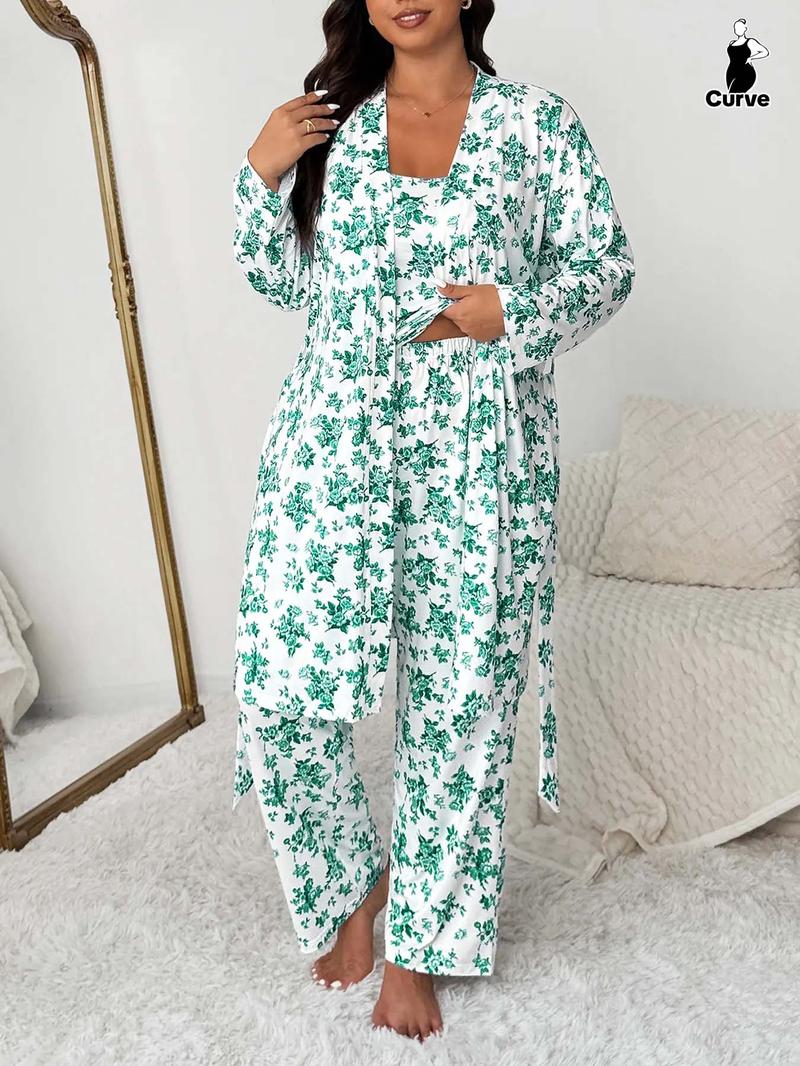 Plus Size Floral Print Robe Set for Women, Elegant Comfortable Sleepwear, Sleeveless Top & Long Pants, Spring & Fall Home Wear, Pajama Set