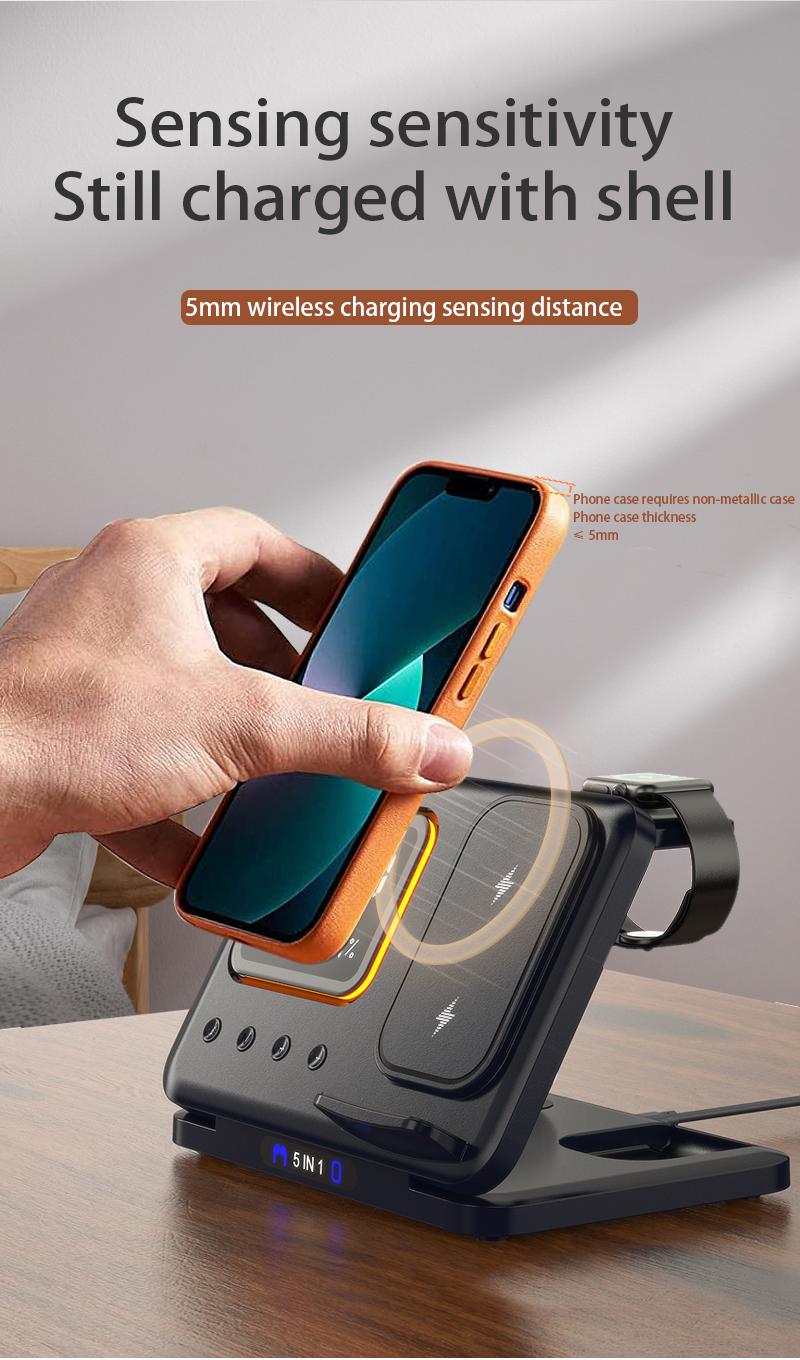 Wireless charger with three in one and three levels dimming  multifunctional clock and night light  foldable for use with Apple phone watch stand and base