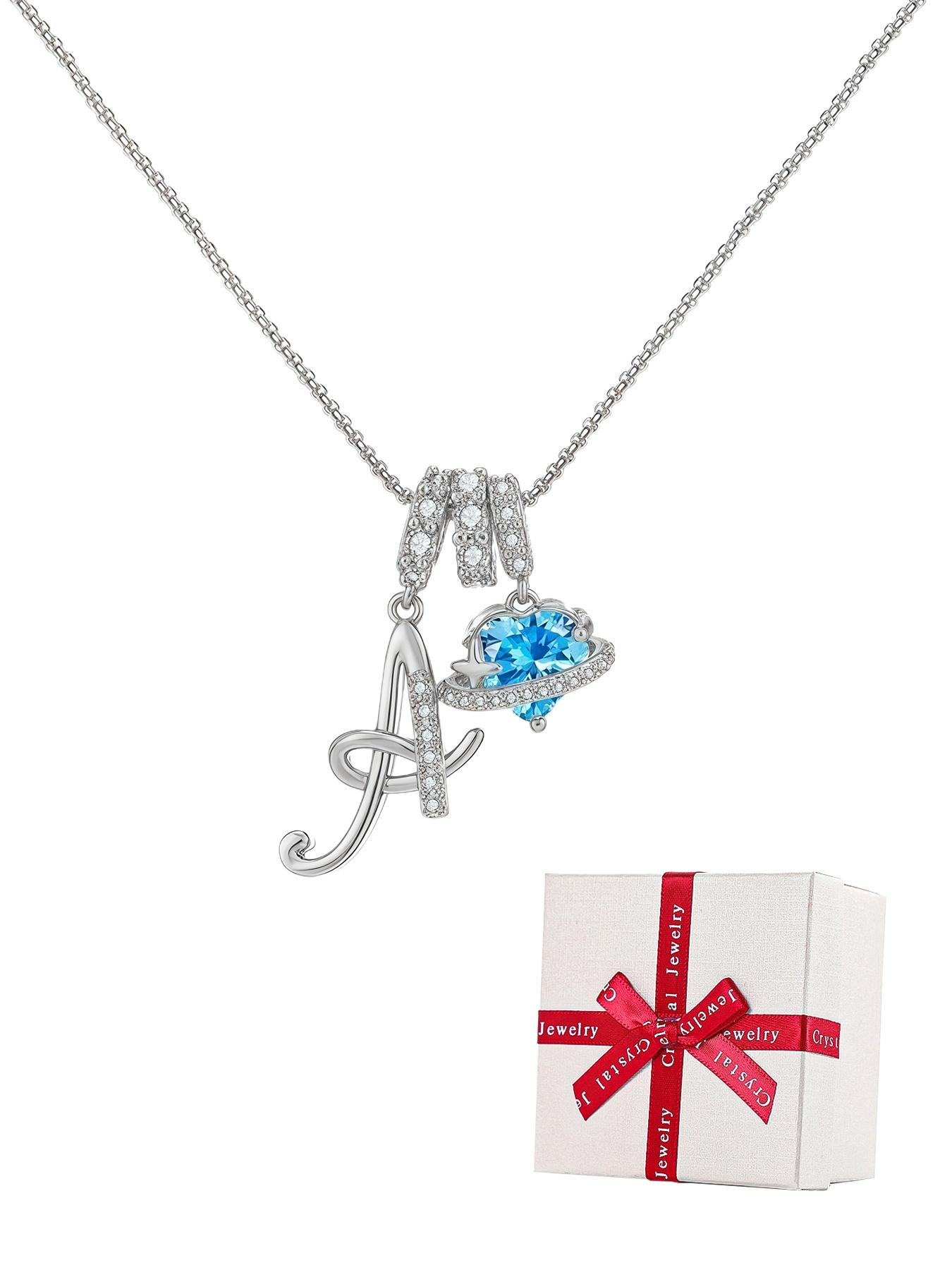 Women's Cz Birthstone Charm Necklace with Rose Jewelry Box, A-Z Letter Pendant, Elegant Gift for Wife Girlfriend Mom Daughter Birthday Christmas