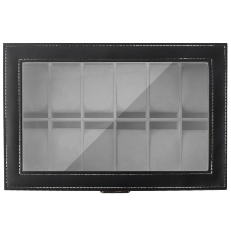 SUNNYGLADE 12 Slot PU Leather Lockable Watch Storage Boxes, Men & Women Jewelry Display Drawer Case, 2-tier Organizer Watch Showcase with Glass Lid (Black)