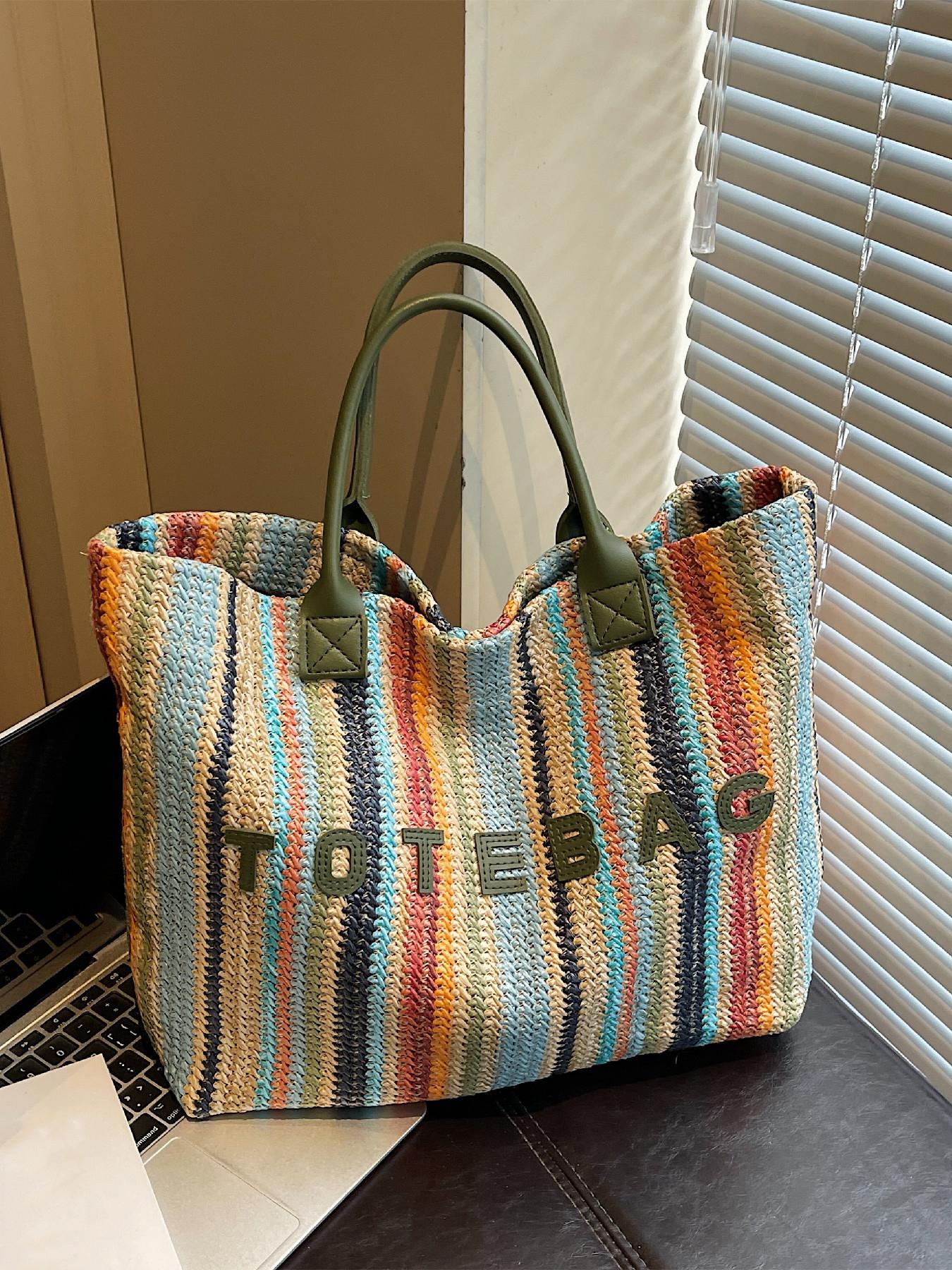 Simple Versatile Letter Decor Handwoven Straw Casual Tote Bag, Carry-Handle Design, Ideal for Daily Use, Beach Vacations, Outdoor Activities