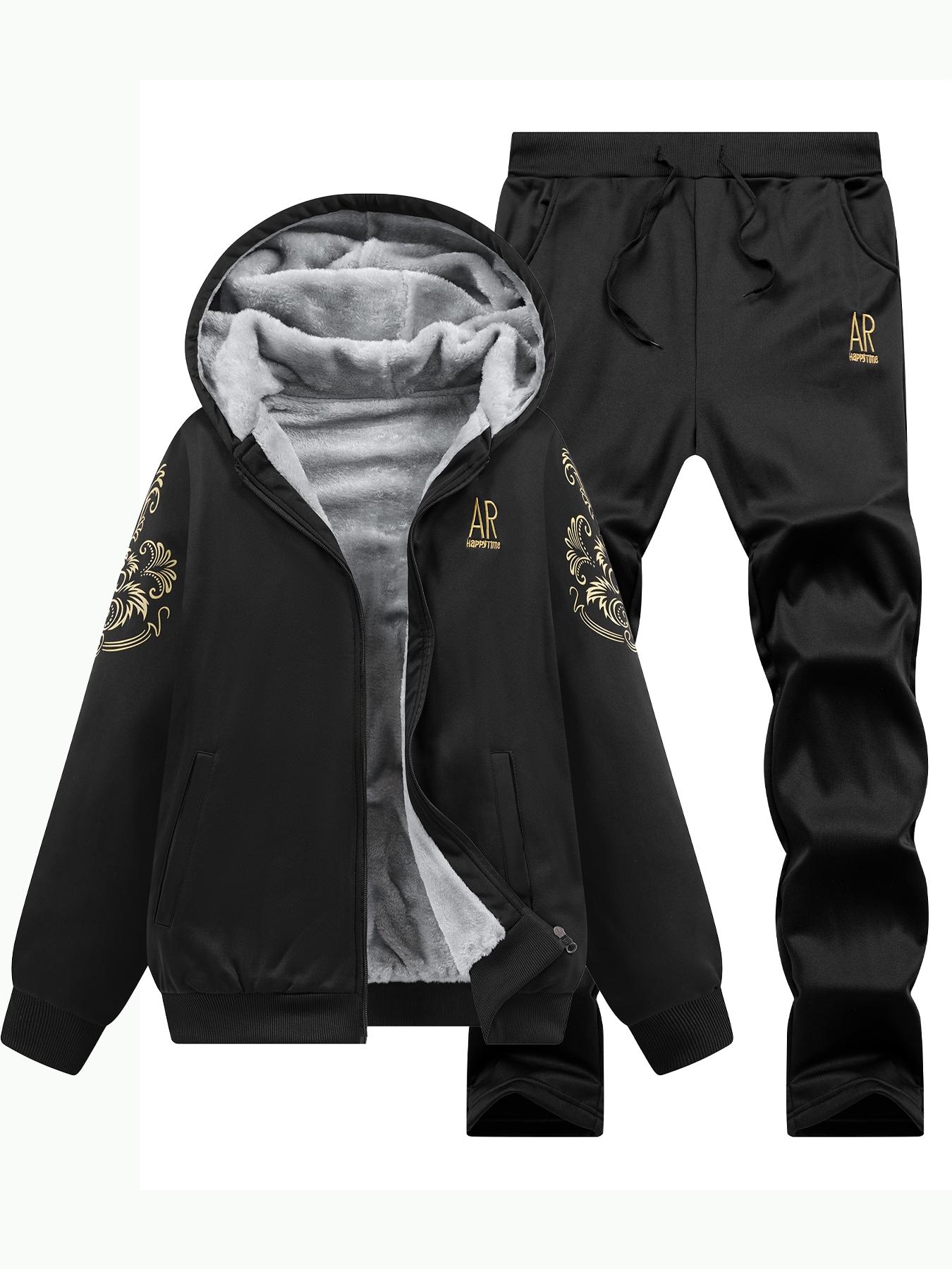 Thickened Hooded Long Sleeve Jacket with Letter Print, Elastic Waist Pants Set, Casual Fall & Winter, Women's Fashion