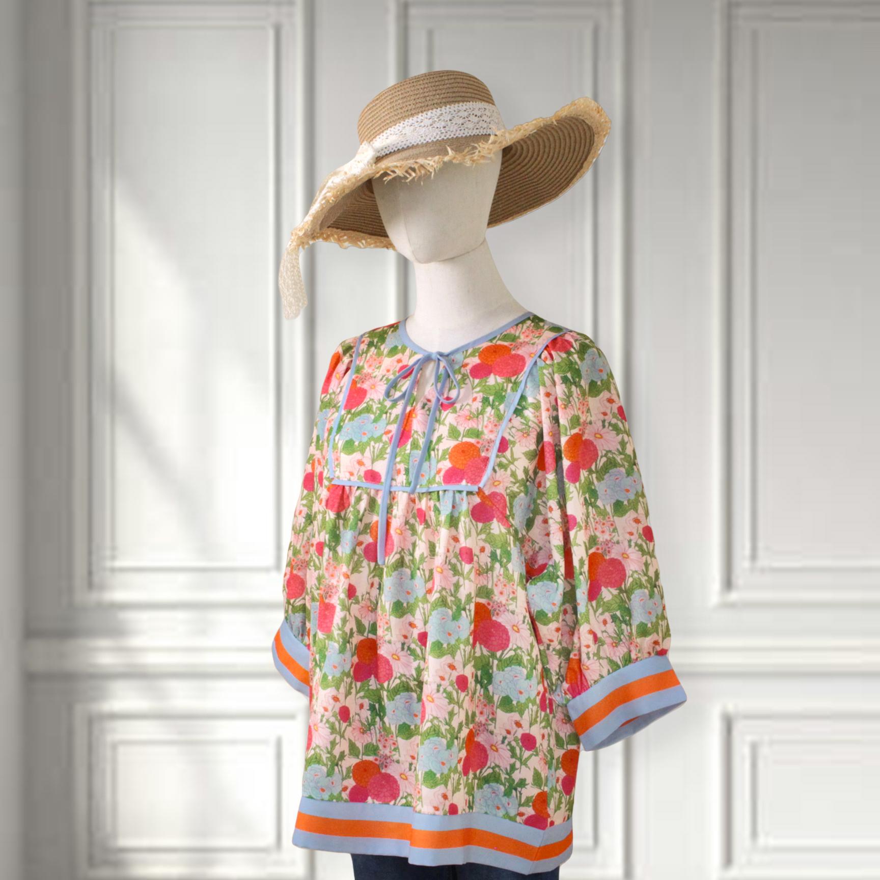 SageVell Pastel Pink Floral Print Top Puff Sleeve Loose Fit Vibrant Blossoms for Fresh Style Boutique Clothing for Moms Teachers Round Neck Blue Women's Blouse SpringStatements