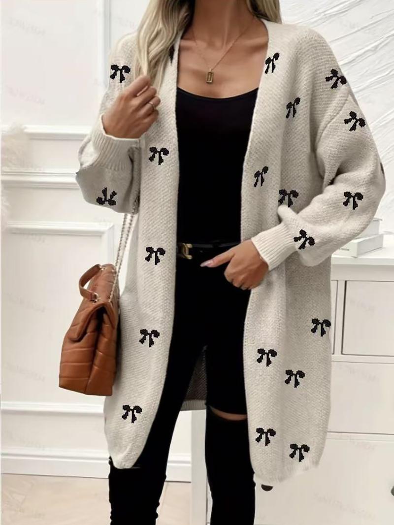 Autumn Winter New High-End Bow Pattern Knit Long Cardigan Sweater, Casual Versatile Outerwear, Elegant Lazy Style, Comfortable Color Block Design, Knitwear