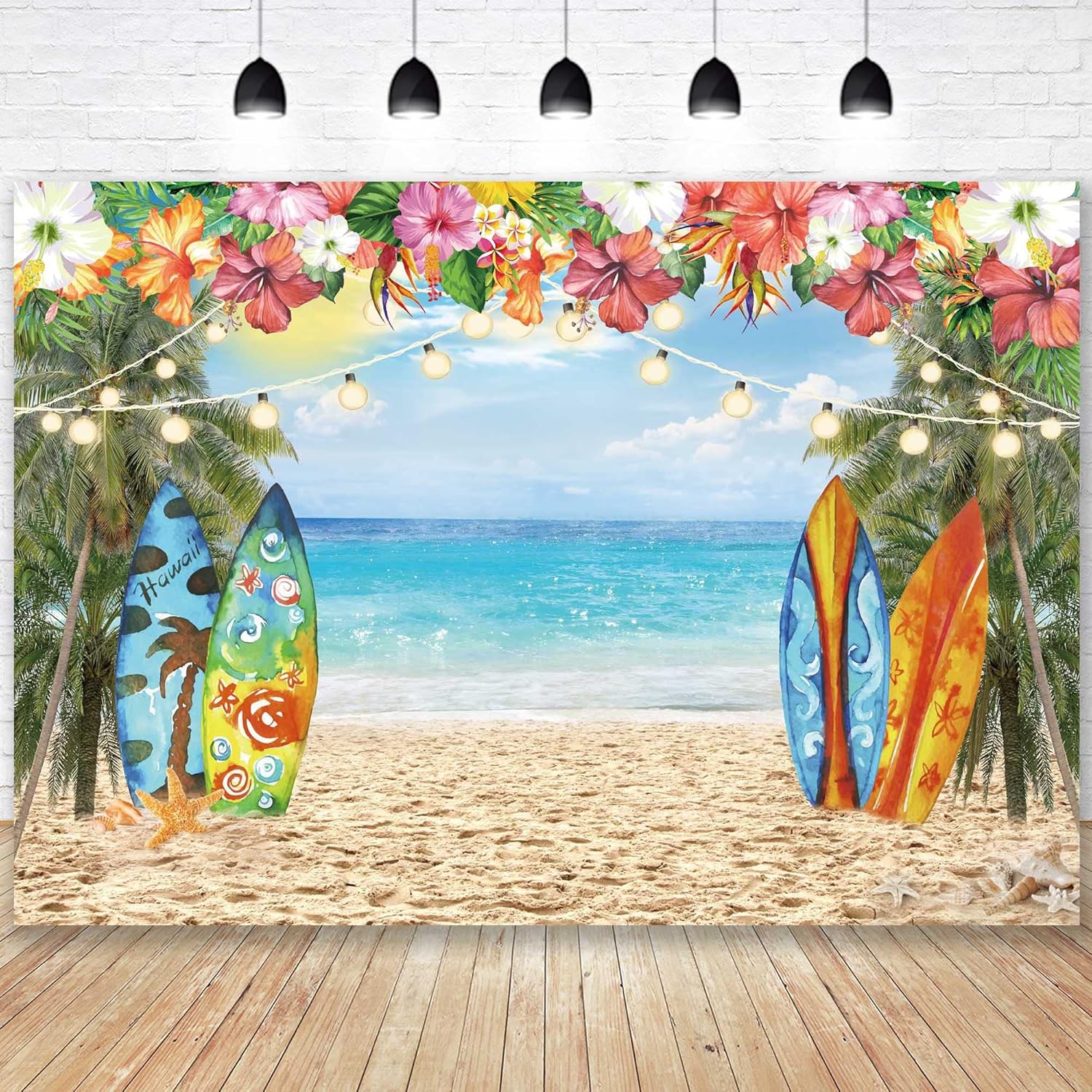 Hawaiian beach photography background banner, summer tropical Hawaiian palm flower background cloth, polyester material, suitable for Hawaiian party decoration, photo booth banner supplies, indoor/outdoor decoration, holiday party supplies